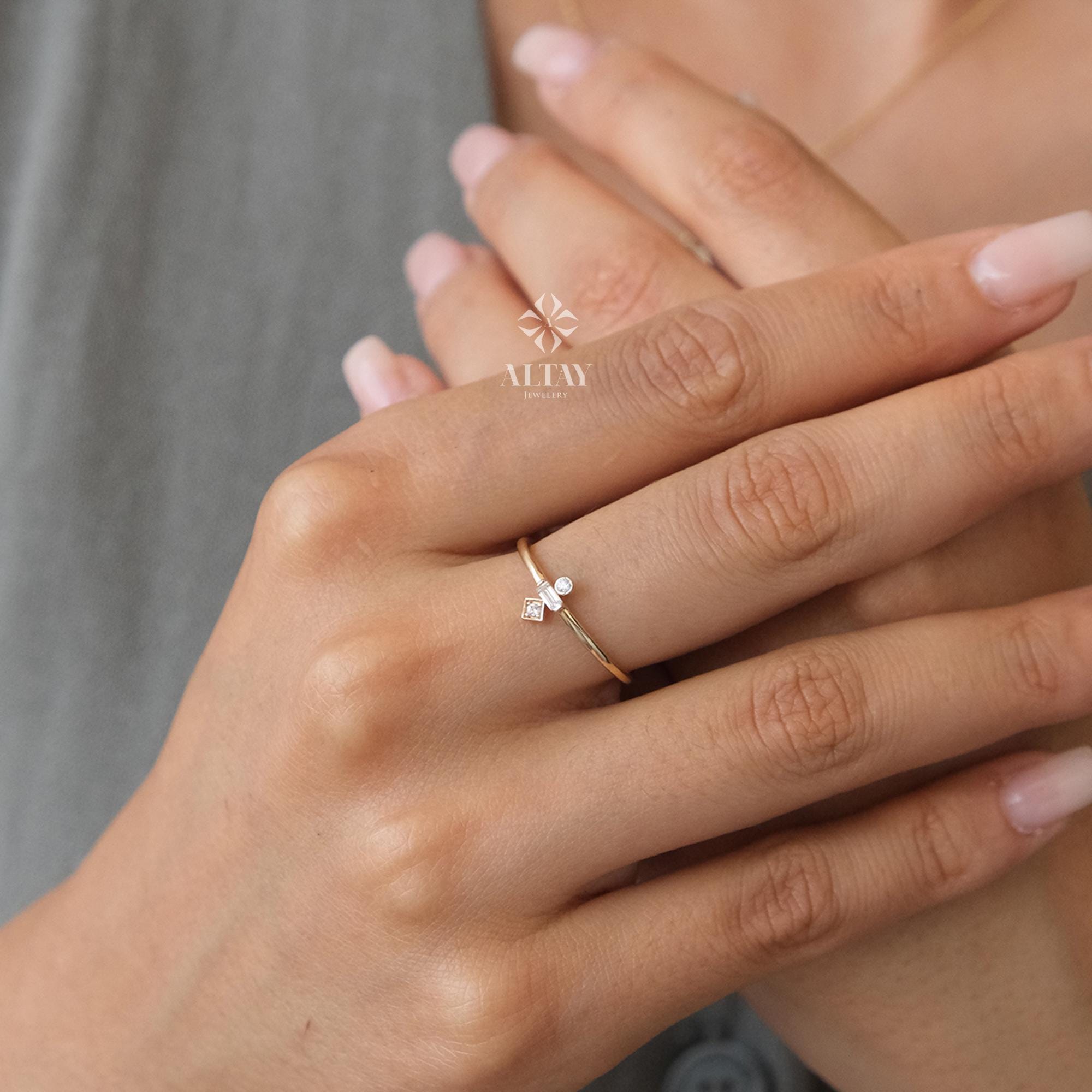 14K Gold Trio Ring, 3 Stone Wedding Ring, Stacking Rings for Women, Cz Stackable Ring, Minimalist Bridal Ring, Three Stone Promise Ring