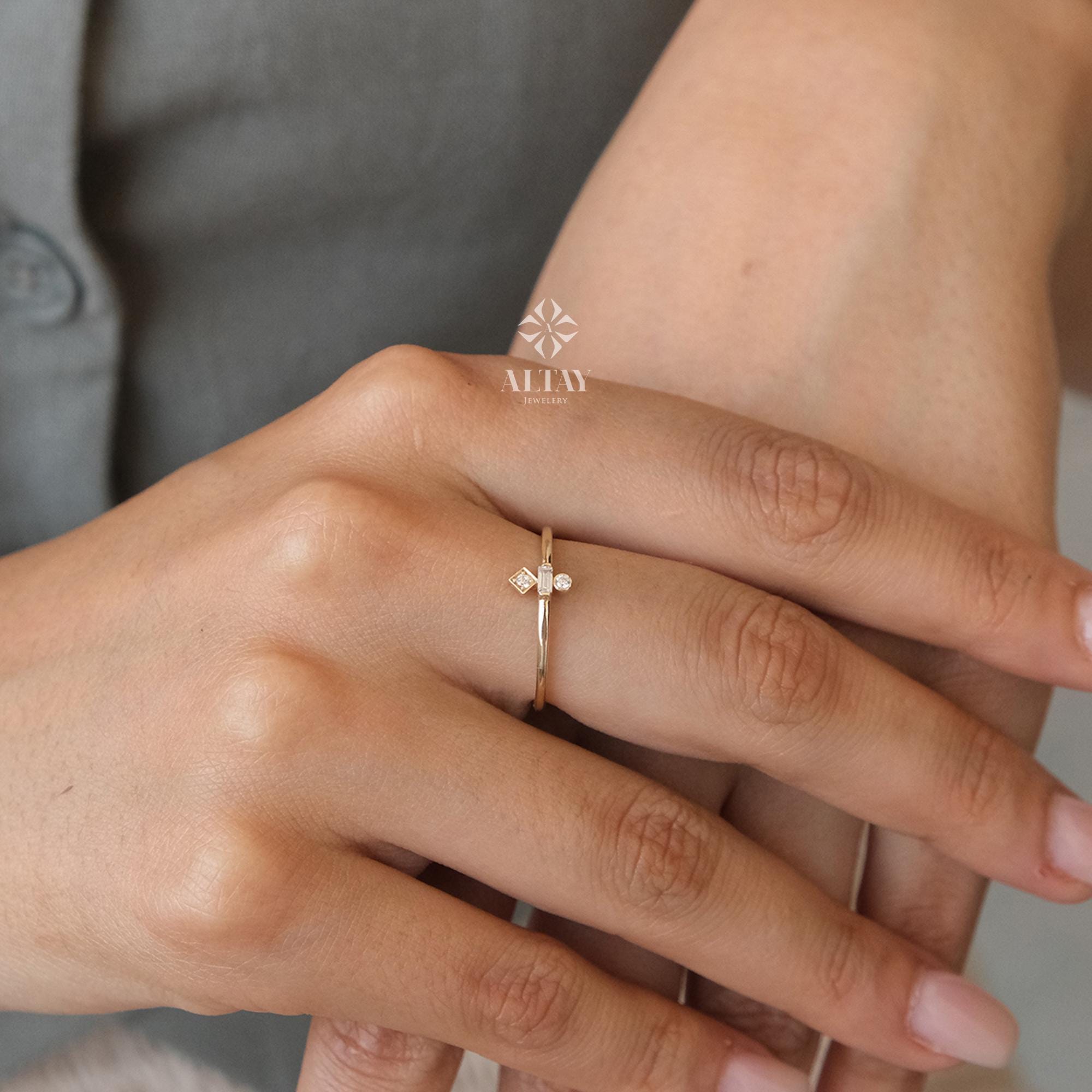 14K Gold Trio Ring, 3 Stone Wedding Ring, Stacking Rings for Women, Cz Stackable Ring, Minimalist Bridal Ring, Three Stone Promise Ring