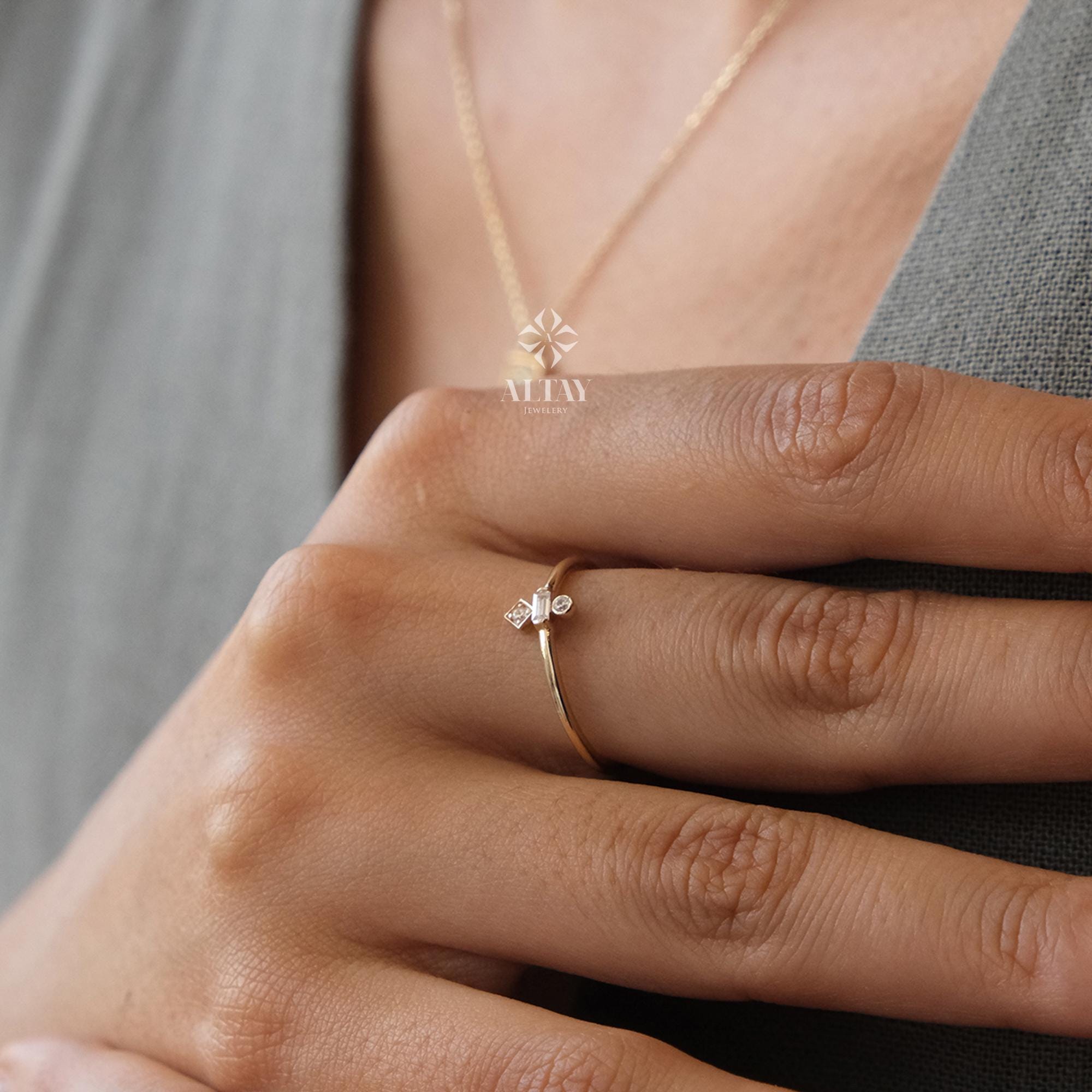 14K Gold Trio Ring, 3 Stone Wedding Ring, Stacking Rings for Women, Cz Stackable Ring, Minimalist Bridal Ring, Three Stone Promise Ring