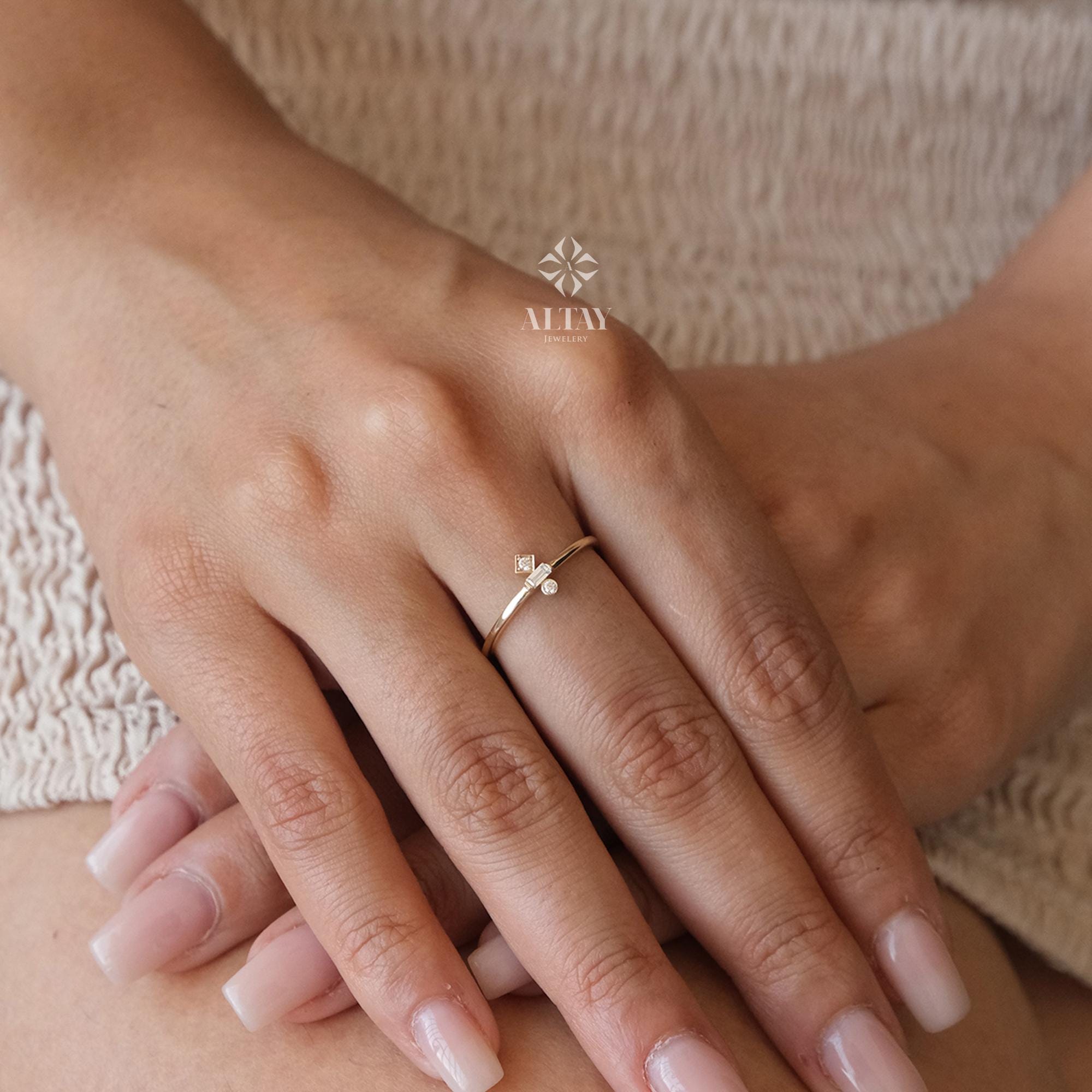 14K Gold Trio Ring, 3 Stone Wedding Ring, Stacking Rings for Women, Cz Stackable Ring, Minimalist Bridal Ring, Three Stone Promise Ring