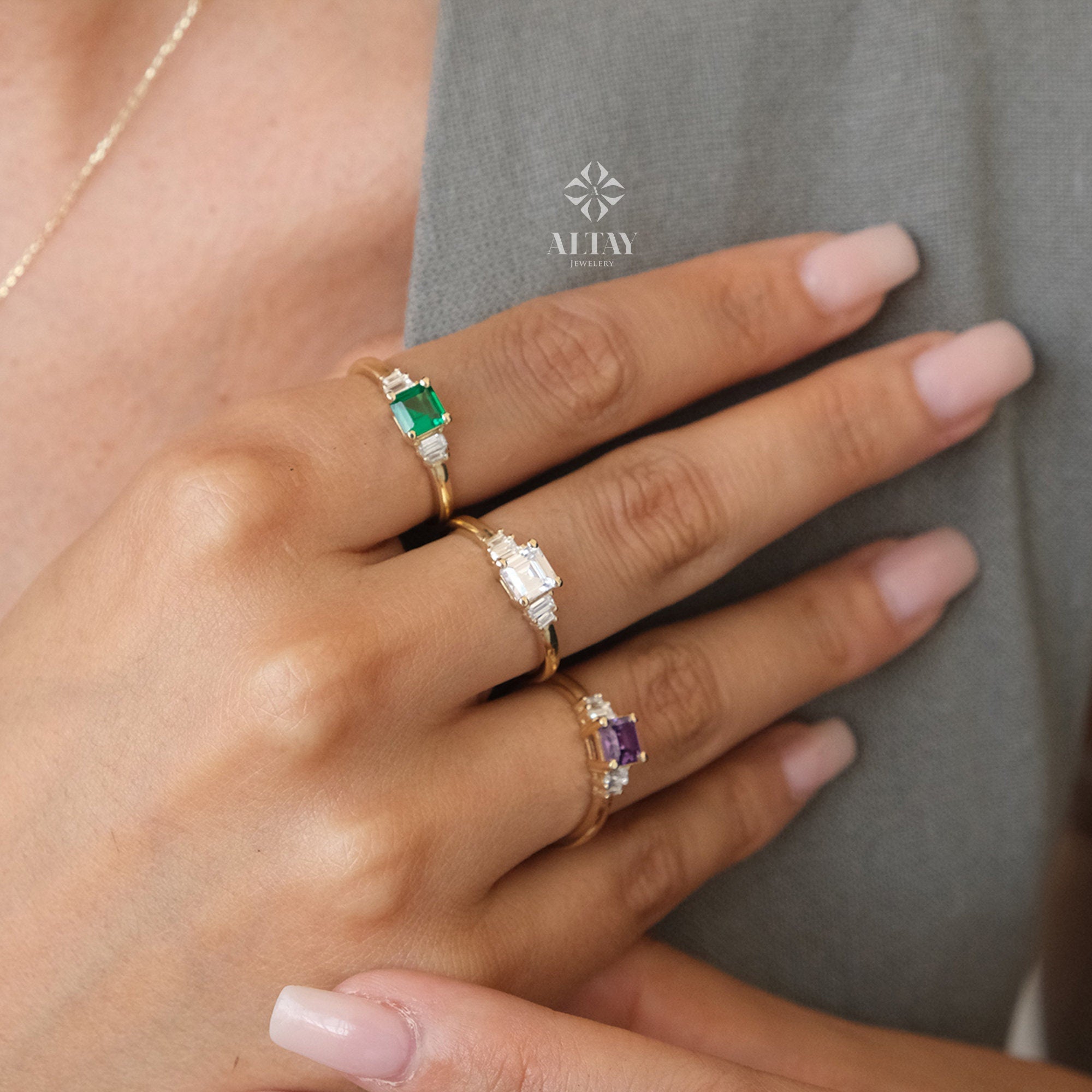 14K Gold Engagement Ring, Art Deco Gold Baguette Ring, Gemstone Anniversary Ring, Minimalist Stacking Ring, Birthstone Band Ring, Gift Her