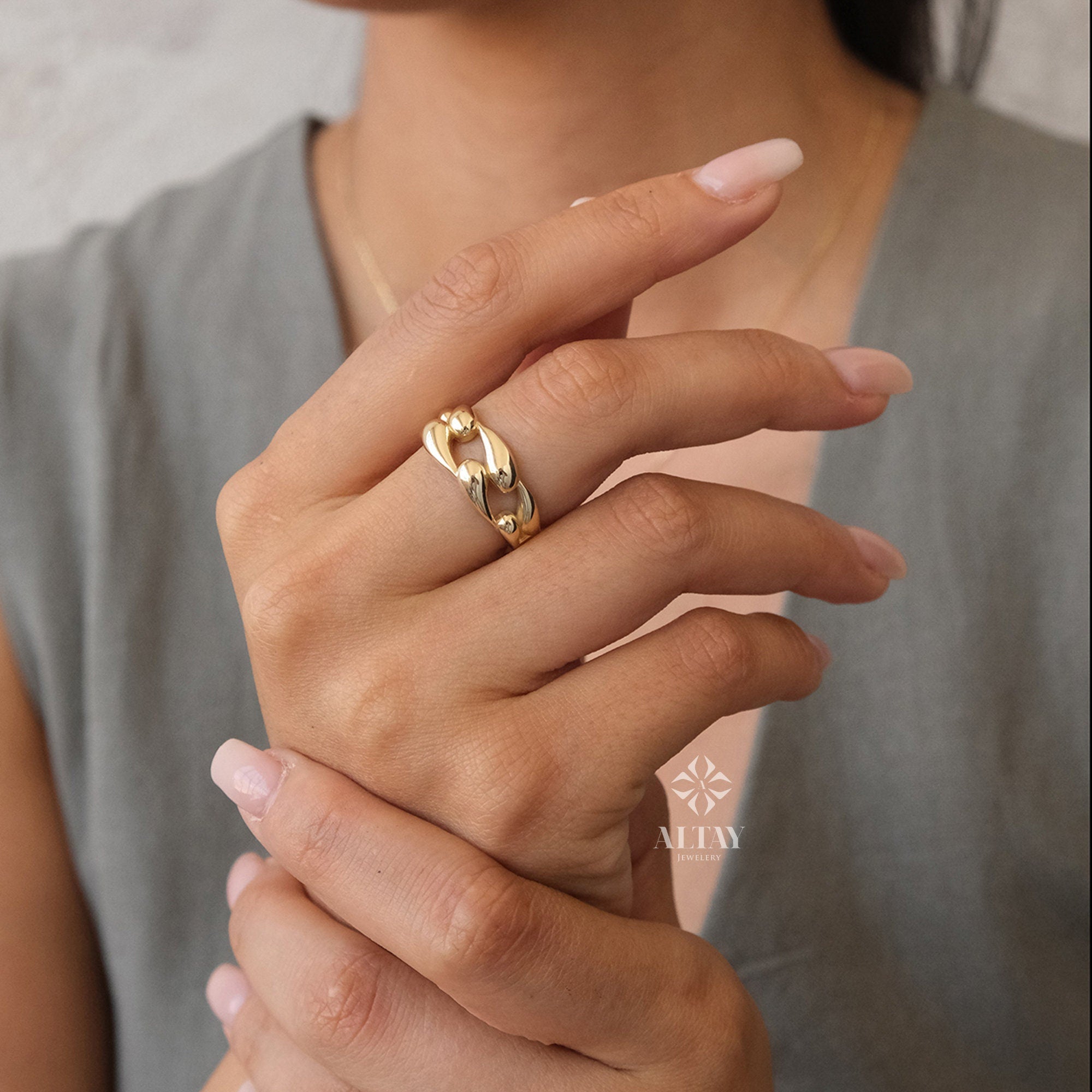 14K Gold Chain Link Ring, Chunky Real Gold Band, Modern Link Ring for Women, Statement Gold Jewelry, Gift for Her