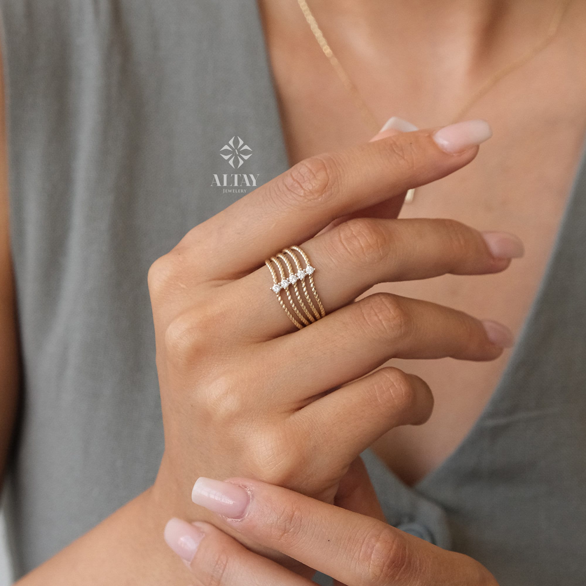 14K Gold 5 Stone Wedding Ring, Braided Band, Promise Anniversary Ring, Bridal Ring, Five Stone Stacking Ring, Dainty Ribbed Wedding Band