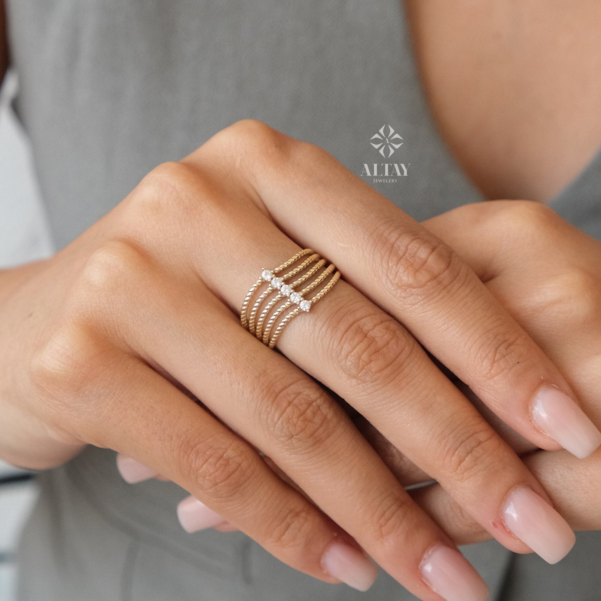 14K Gold 5 Stone Wedding Ring, Braided Band, Promise Anniversary Ring, Bridal Ring, Five Stone Stacking Ring, Dainty Ribbed Wedding Band