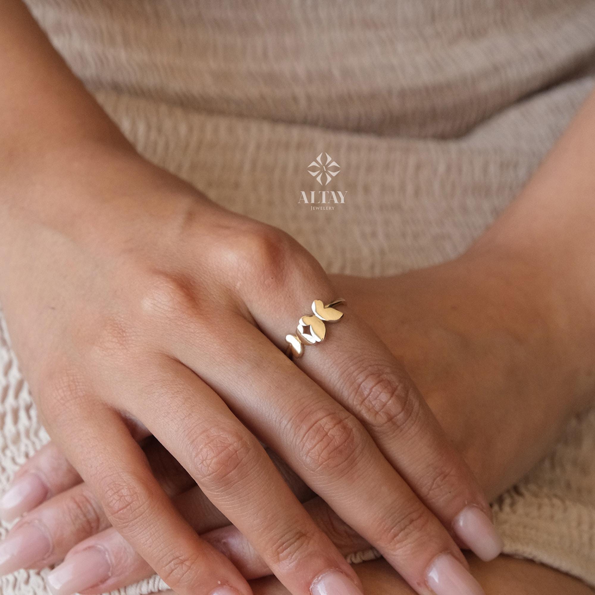 14K Gold Butterfly Ring, Dainty Gold Stacking Ring, Statement Valentine's Day Ring, Double Butterfly Ring, Minimalist Everyday Fine Jewelry