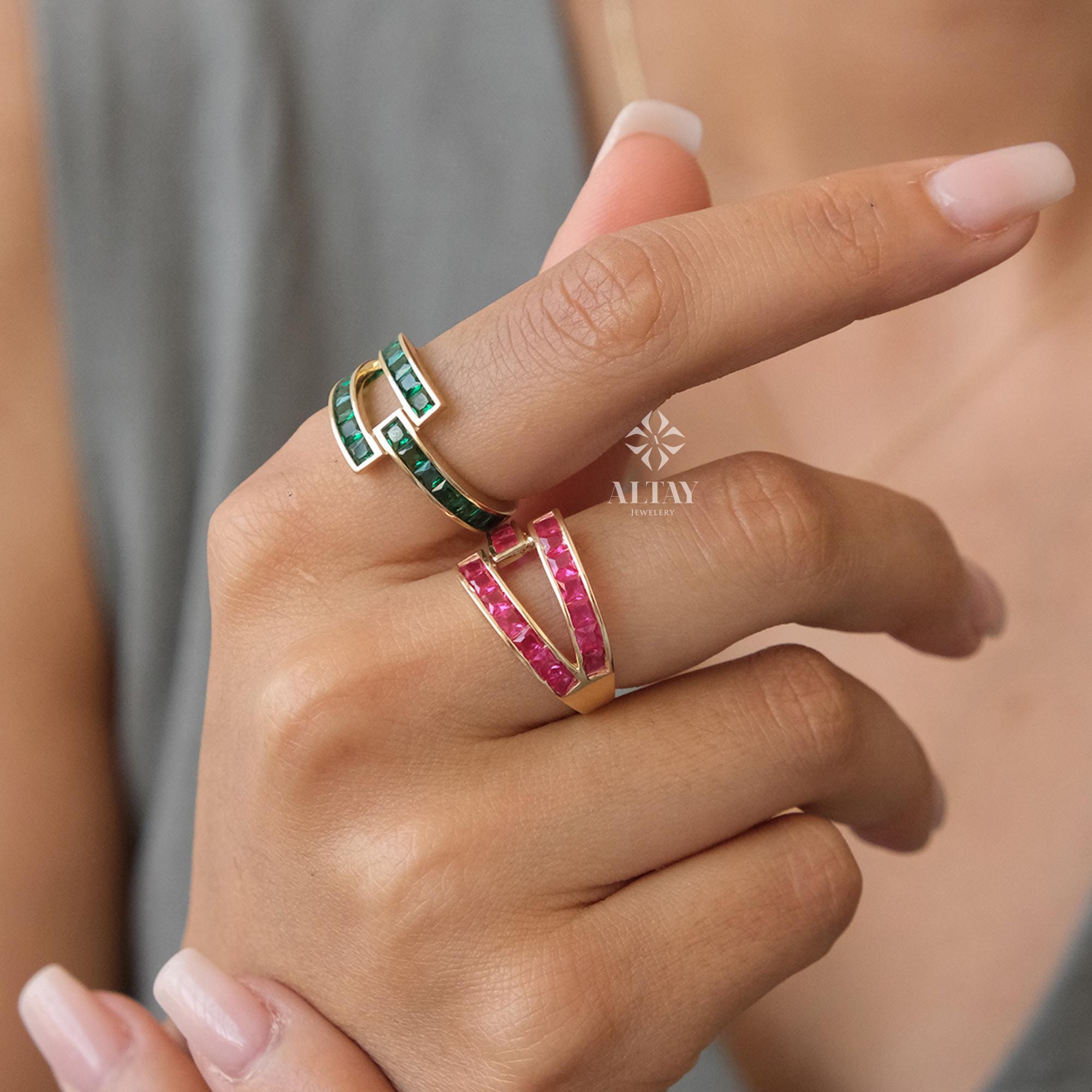 14K Gold Baguette Birthstone Ring, Birthstone Personalized Band Ring, Custom Gemstone Ring, Twisted Knuckle Band, Stacking Wedding Ring