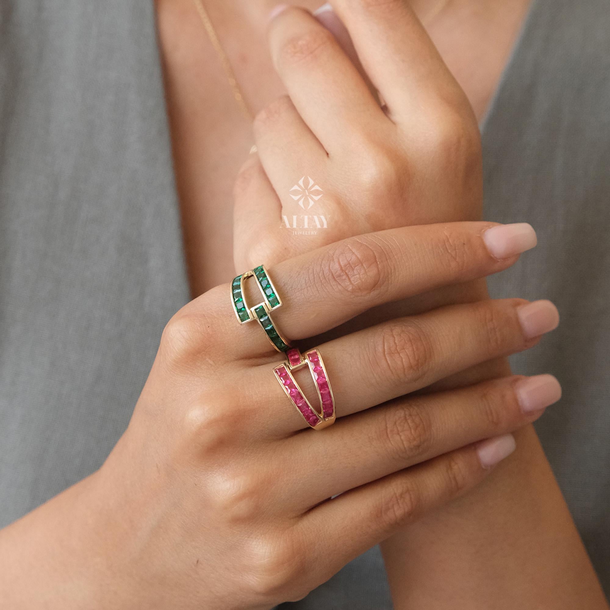 14K Gold Baguette Birthstone Ring, Birthstone Personalized Band Ring, Custom Gemstone Ring, Twisted Knuckle Band, Stacking Promise Ring