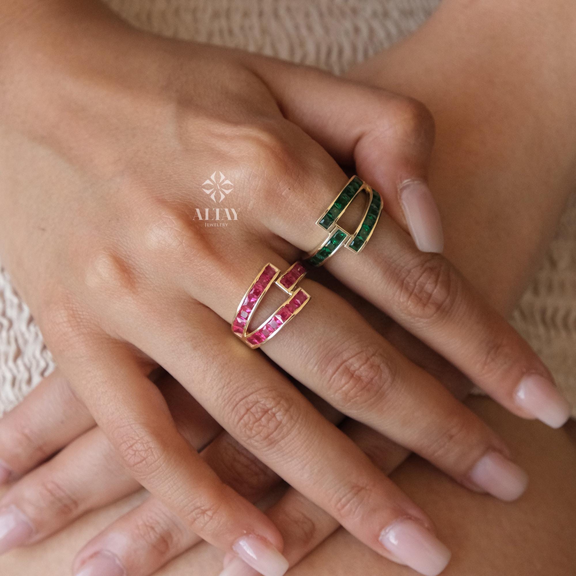 14K Gold Baguette Birthstone Ring, Birthstone Personalized Band Ring, Custom Gemstone Ring, Twisted Knuckle Band, Stacking Wedding Ring