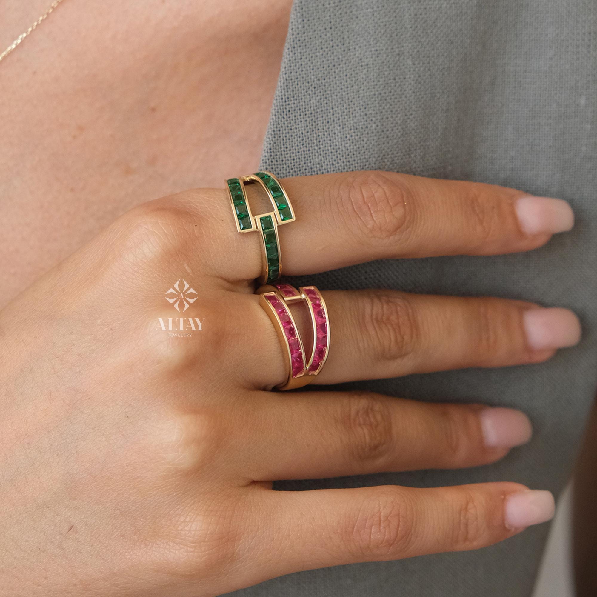 14K Gold Baguette Birthstone Ring, Birthstone Personalized Band Ring, Custom Gemstone Ring, Twisted Knuckle Band, Stacking Wedding Ring