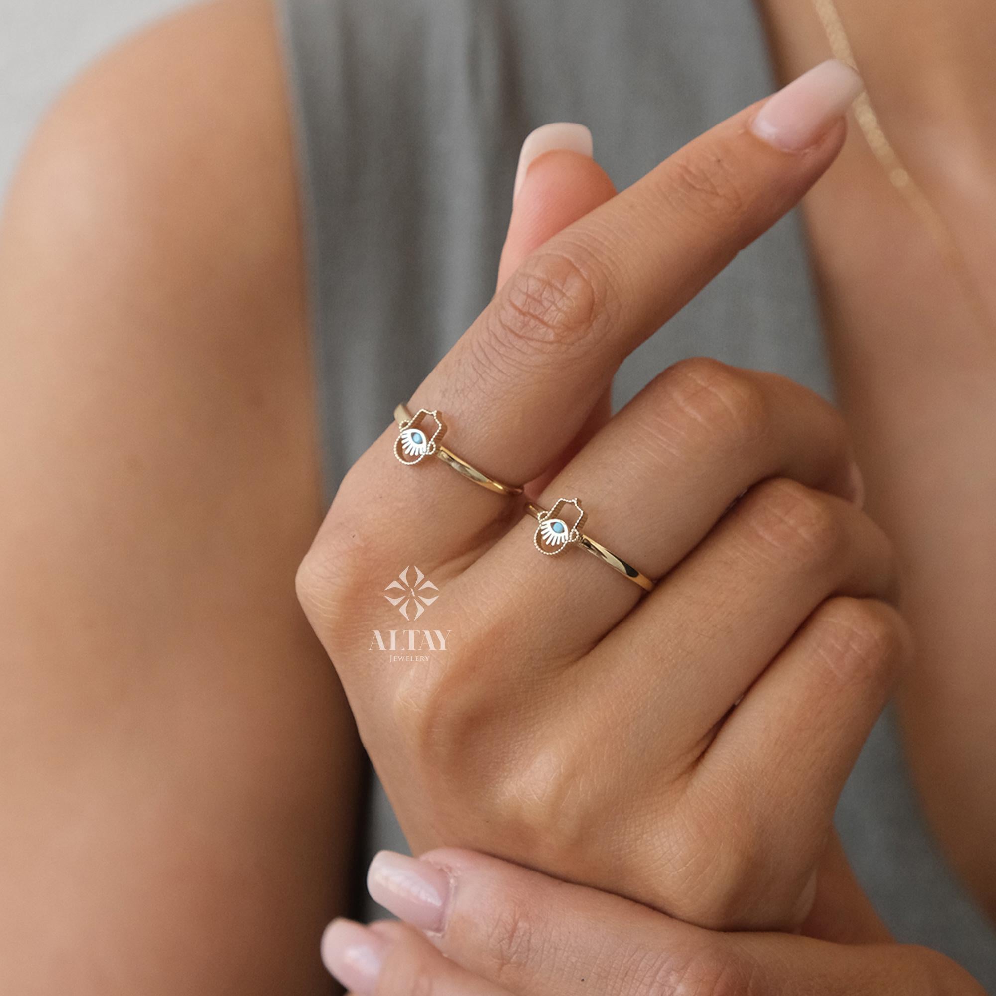 14K Gold Hamsa Hand Ring, Hand of Fatima, Gold Protection Ring, Minimalist Pinky Ring Women, Third Eye Band Ring, Handmade Gift Ring