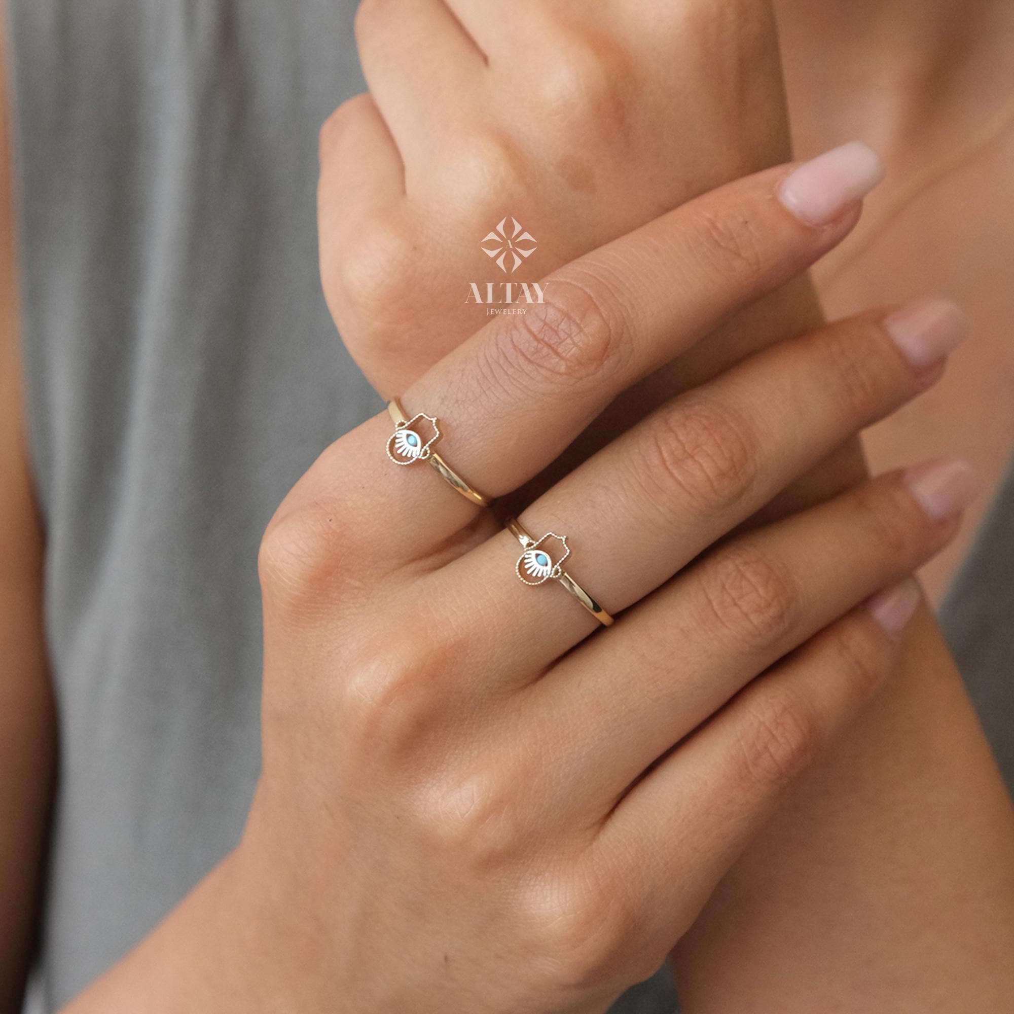 14K Gold Hamsa Hand Ring, Hand of Fatima, Gold Protection Ring, Minimalist Pinky Ring Women, Third Eye Band Ring, Handmade Gift Ring