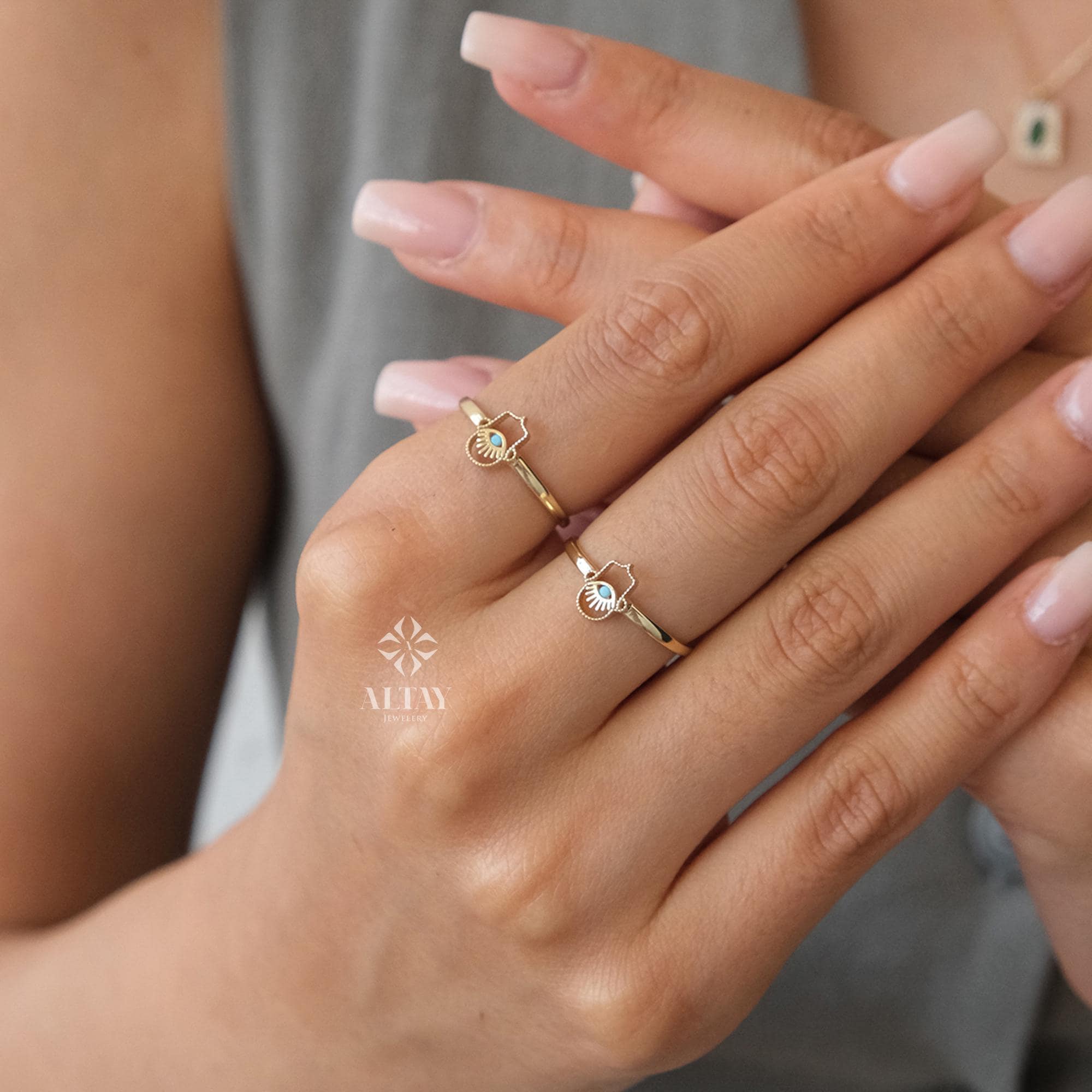 14K Gold Hamsa Hand Ring, Hand of Fatima, Gold Protection Ring, Minimalist Pinky Ring Women, Third Eye Band Ring, Handmade Gift Ring