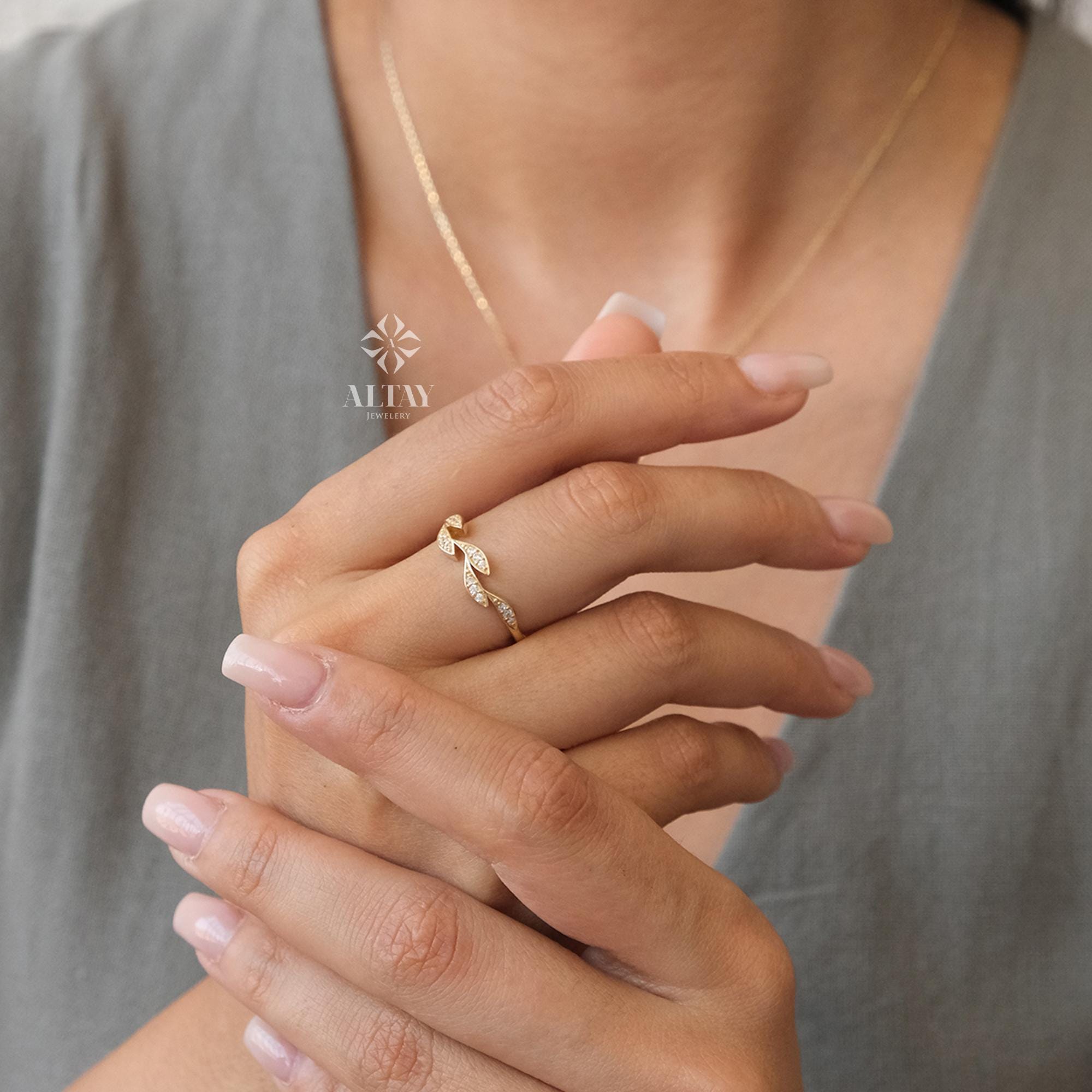 14K Gold Leaf Diamond Ring, Olive Branch Gold Ring, Dainty Nature Inspired Band, Real Gold Stacking Ring, Gift for Her