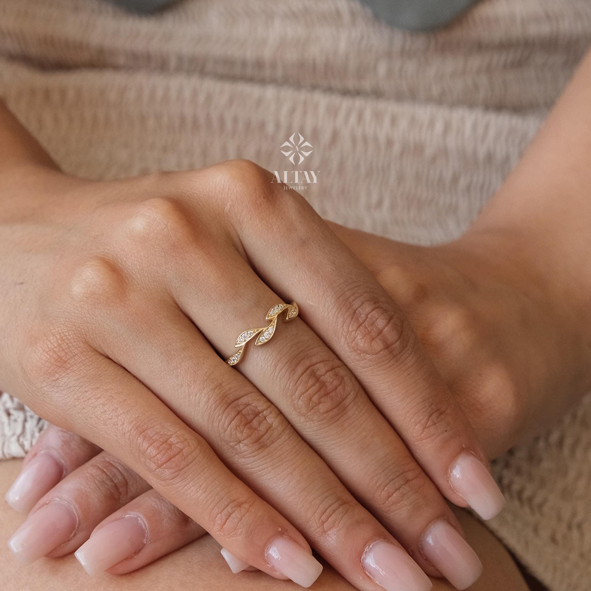 14K Gold Leaf Diamond Ring, Olive Branch Gold Ring, Dainty Nature Inspired Band, Real Gold Stacking Ring, Gift for Her