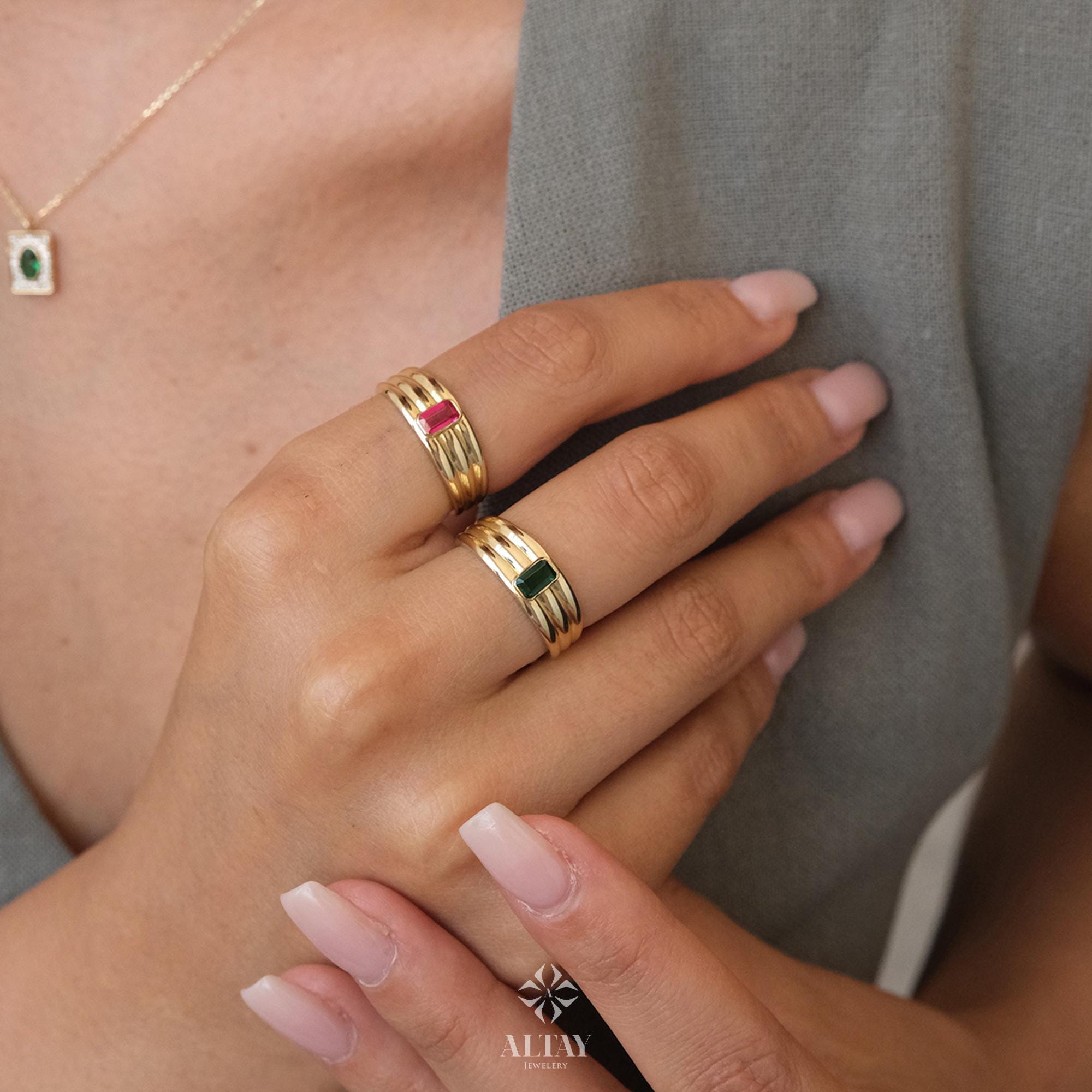 14K Gold Birthstone Ring, Emerald Gemstone Vintage Gold Stackable Ring, Dainty Gold Elegant Ring, Art Deco Wedding Band, Half Eternity Ring