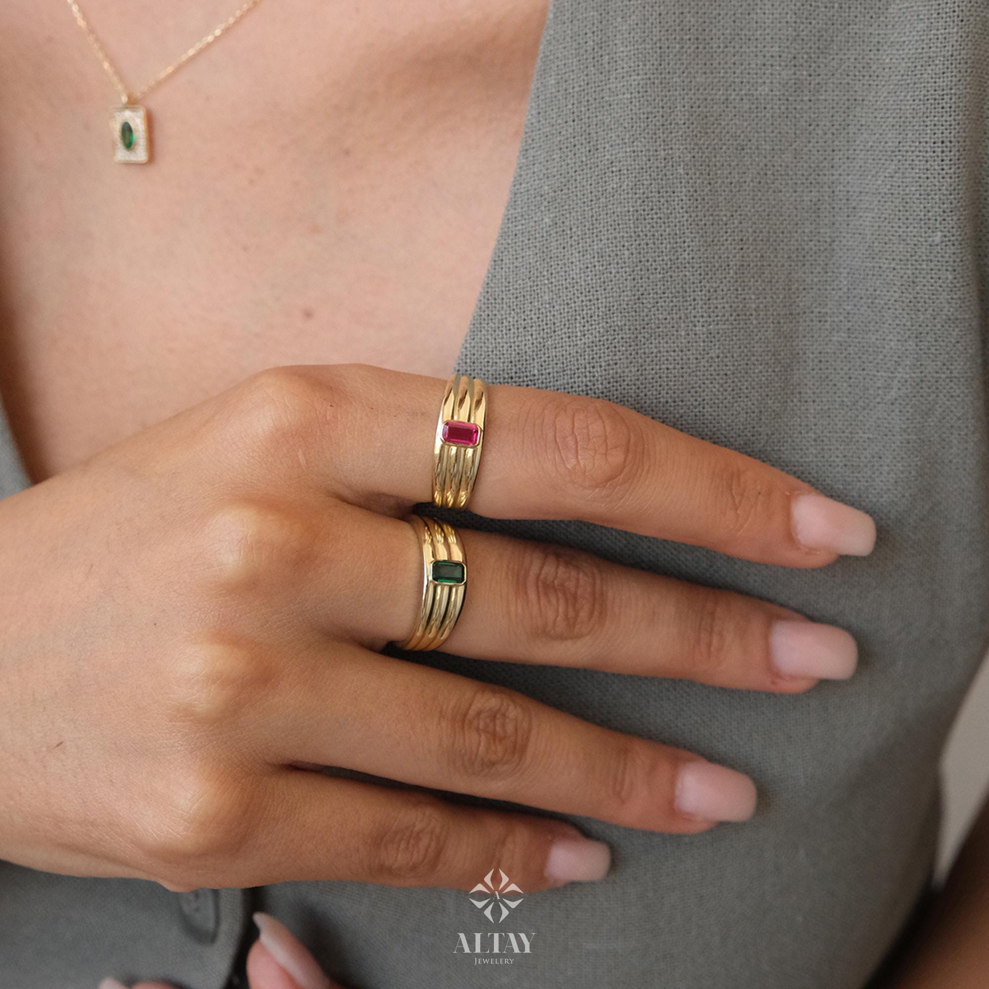 14K Gold Birthstone Ring, Emerald Gemstone Vintage Gold Stackable Ring, Dainty Gold Elegant Ring, Art Deco Wedding Band, Half Eternity Ring