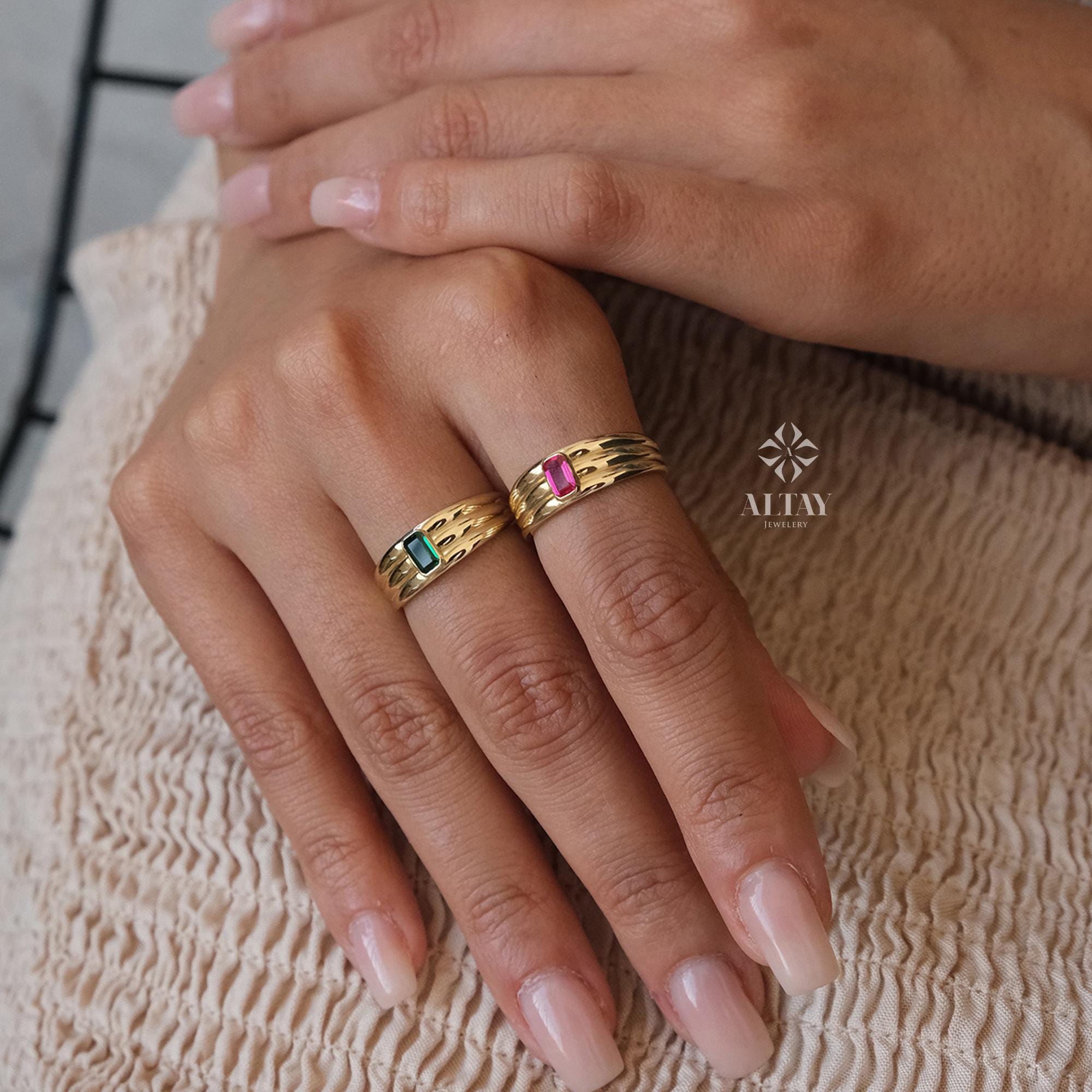 14K Gold Birthstone Ring, Emerald Gemstone Vintage Gold Stackable Ring, Dainty Gold Elegant Ring, Art Deco Wedding Band, Half Eternity Ring