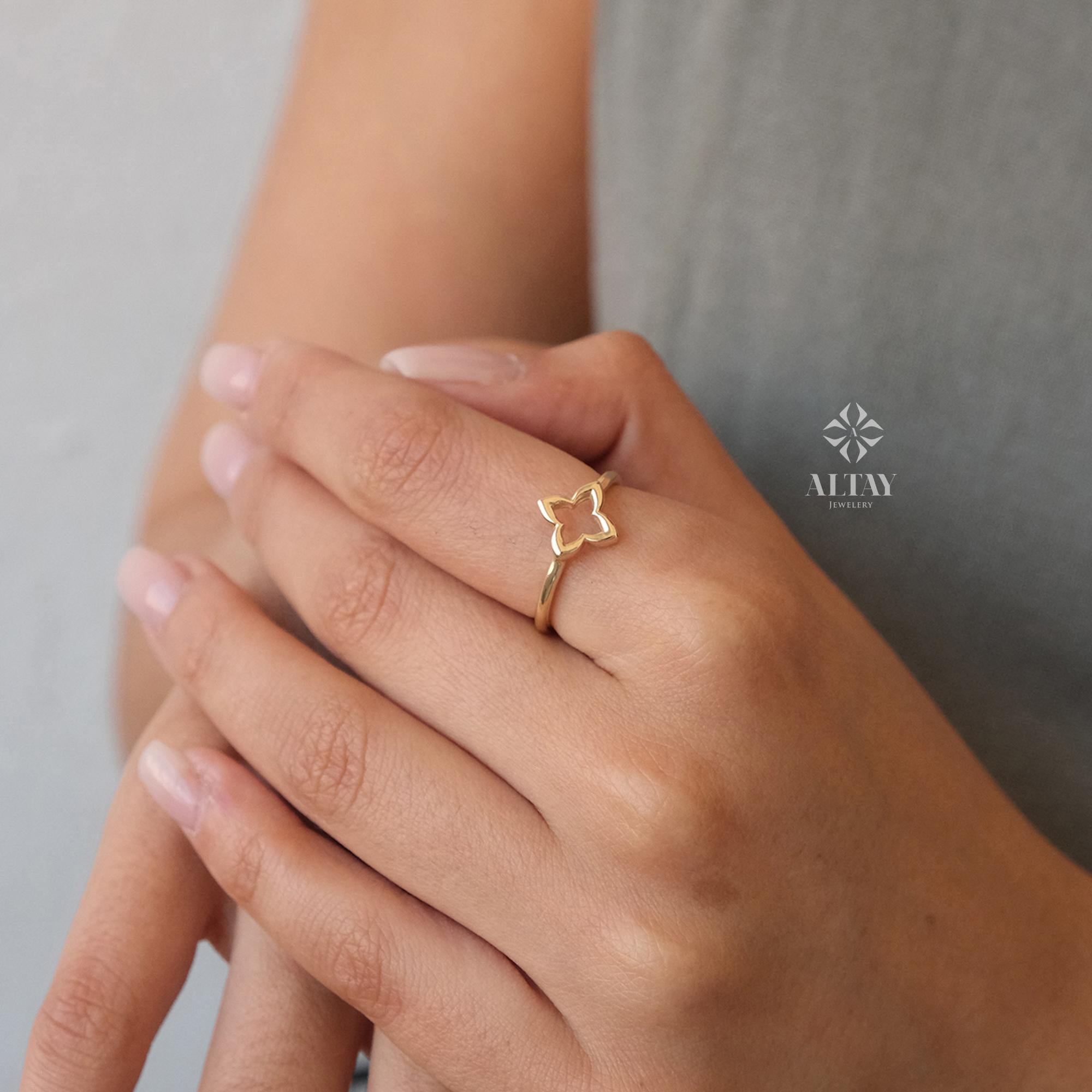 14K Gold Four Leaf Clover Ring, Open Clover Ring, Good Luck Clover Charm Ring, Gold Leaf, St. Patrick's Day Accessory Band, Gift for Her