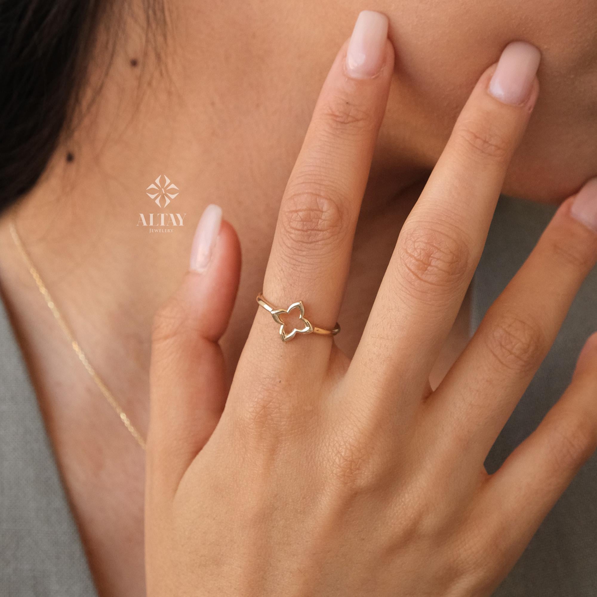 14K Gold Four Leaf Clover Ring, Open Clover Ring, Good Luck Clover Charm Ring, Gold Leaf, St. Patrick's Day Accessory Band, Gift for Her