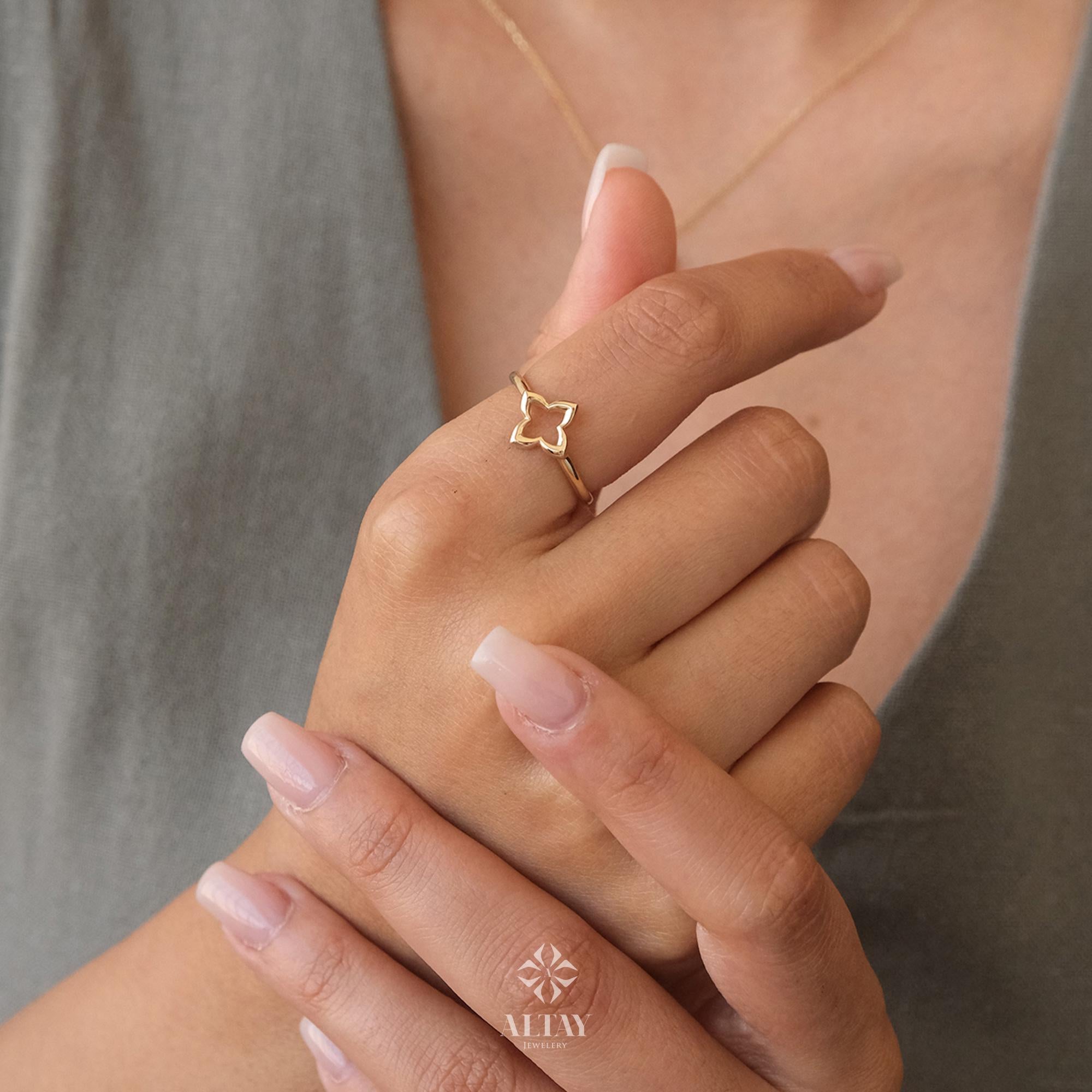 14K Gold Four Leaf Clover Ring, Open Clover Ring, Good Luck Clover Charm Ring, Gold Leaf, St. Patrick's Day Accessory Band, Gift for Her