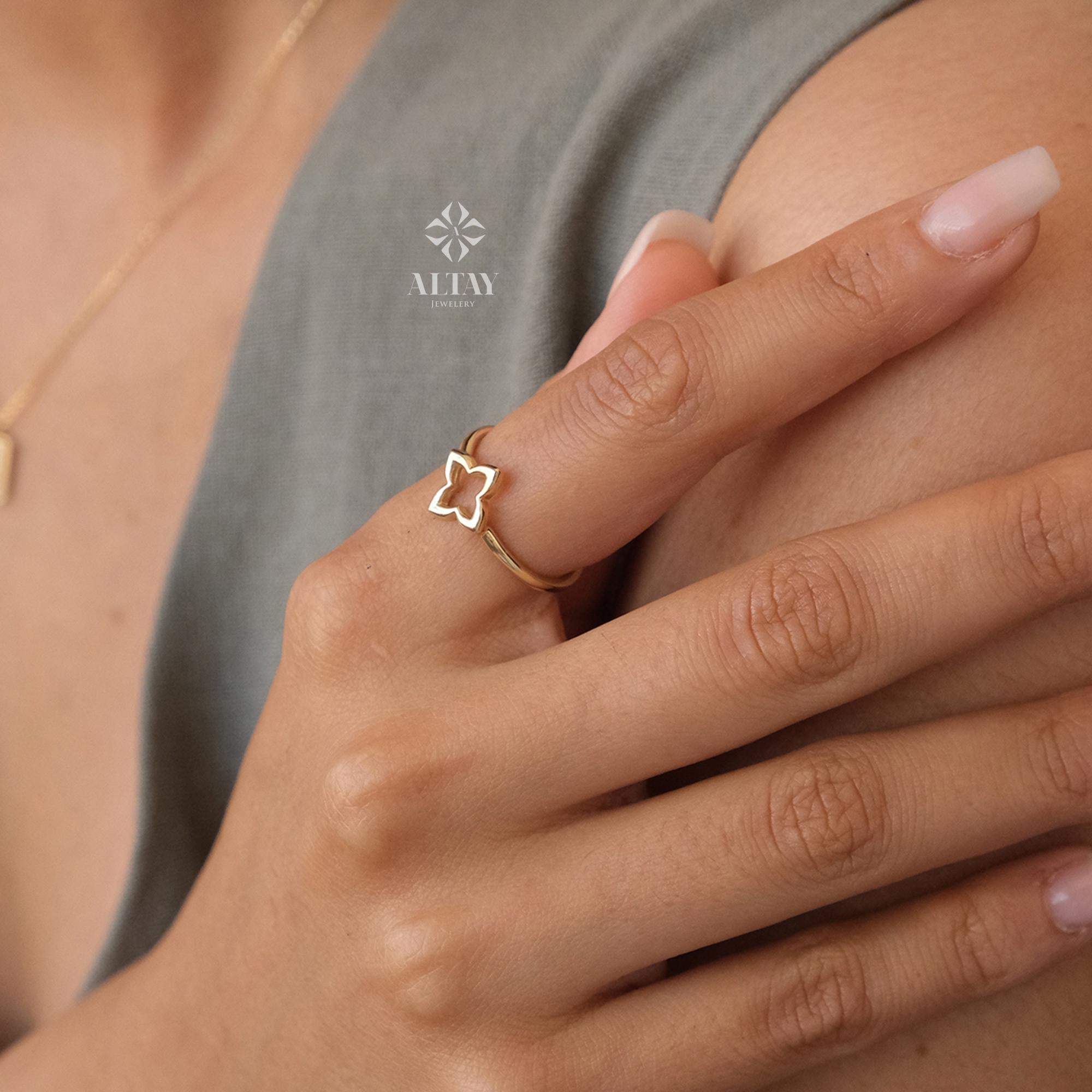 14K Gold Four Leaf Clover Ring, Open Clover Ring, Good Luck Clover Charm Ring, Gold Leaf, St. Patrick's Day Accessory Band, Gift for Her