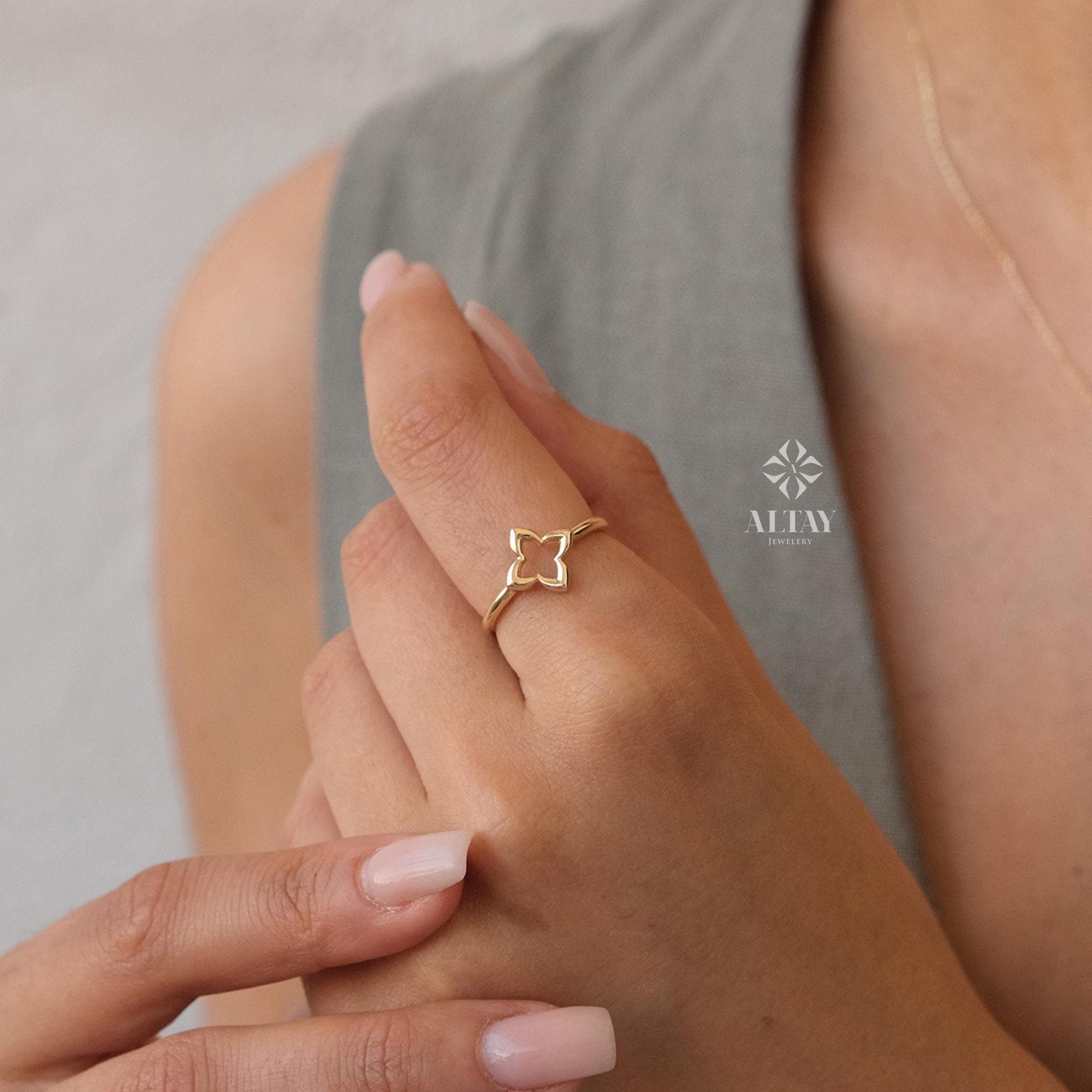 14K Gold Four Leaf Clover Ring, Open Clover Ring, Good Luck Clover Charm Ring, Gold Leaf, St. Patrick's Day Accessory Band, Gift for Wife
