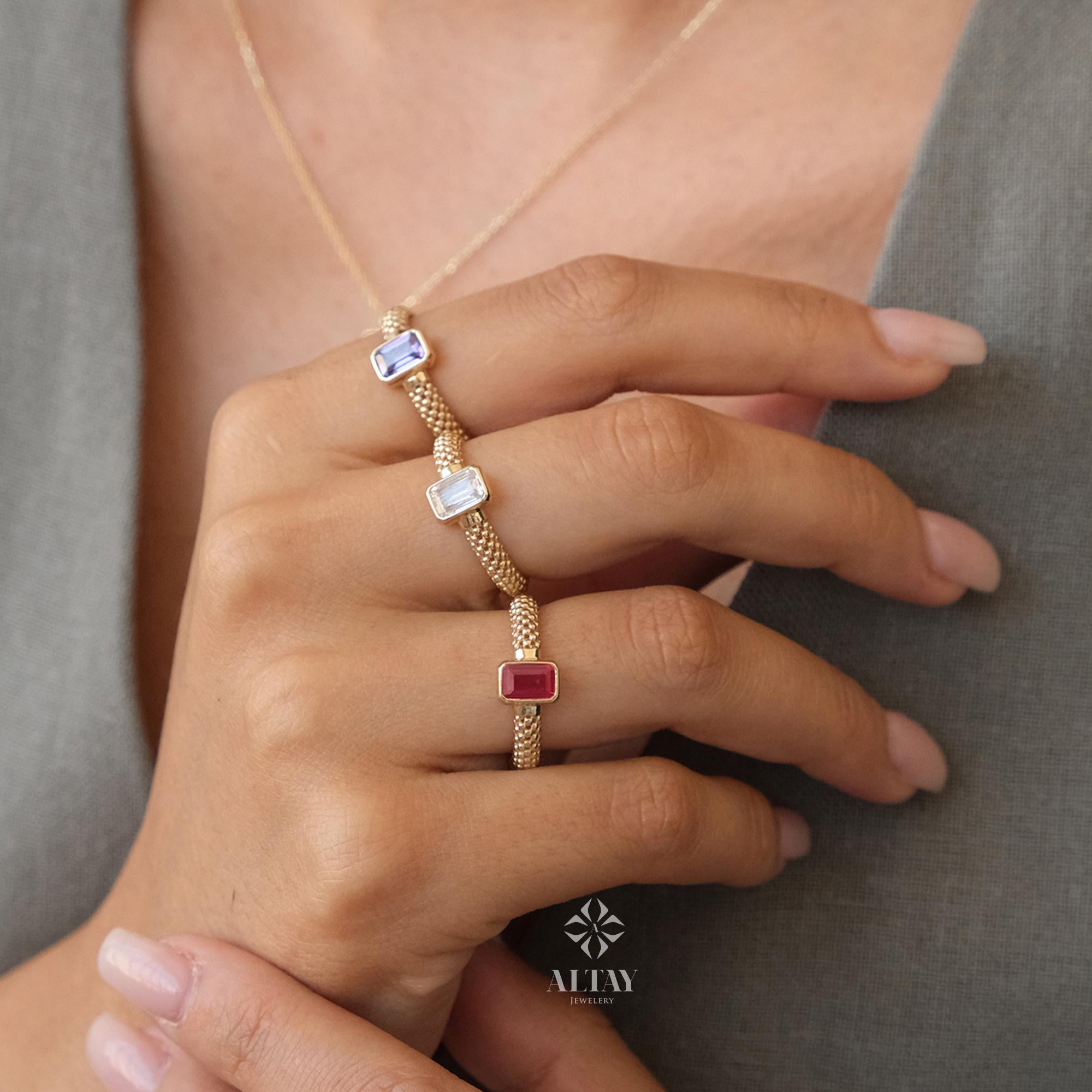 14K Gold Engagement Ring, Popcorn Band Gold Baguette Ring, Gemstone Anniversary Ring, Minimalist Stacking Ring, Birthstone Band Ring, Gift