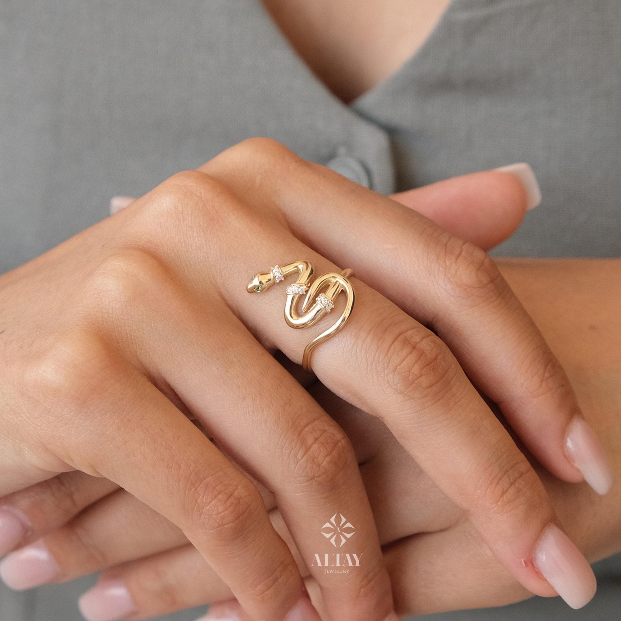14K Gold Snake Ring, Snake Band, Open Serpent Jewelry, Dainty Stacking Animal Rings, CZ Snake Style Band, Open Band Statement Wrap Ring