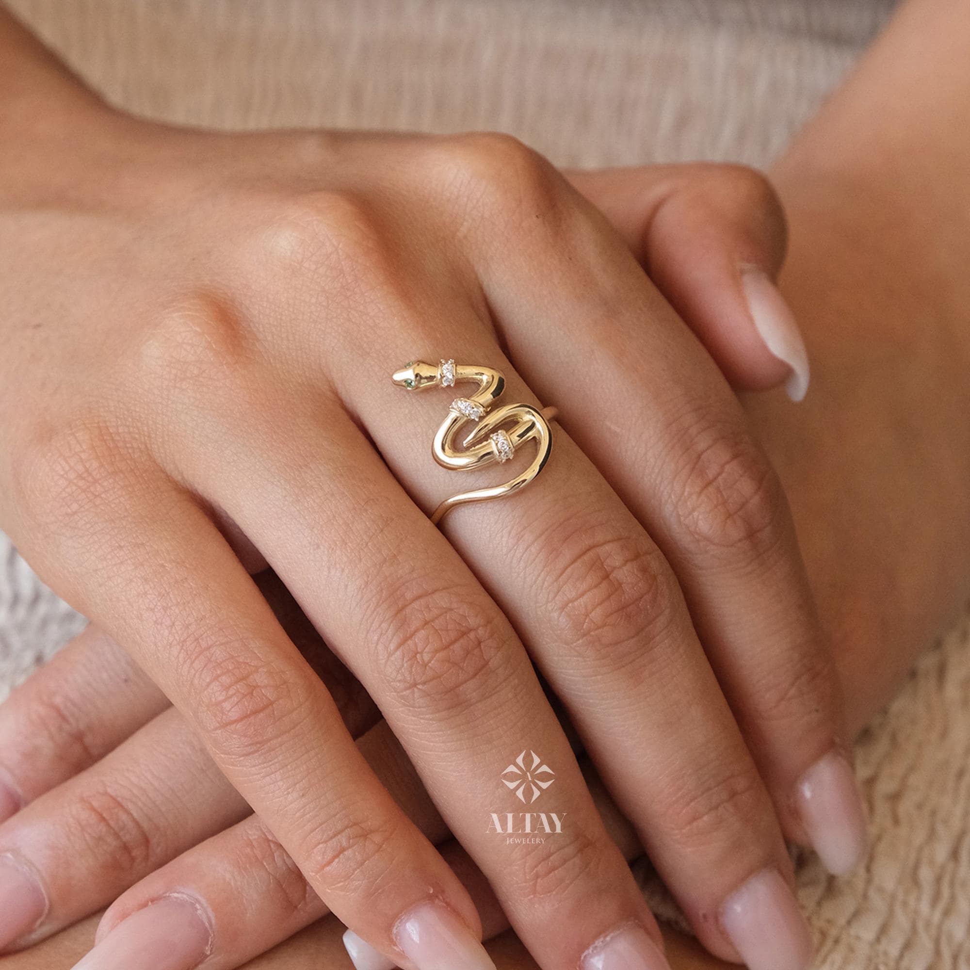 14K Gold Snake Ring, Snake Band, Open Serpent Jewelry, Dainty Stacking Animal Rings, CZ Snake Style Band, Open Band Statement Wrap Ring