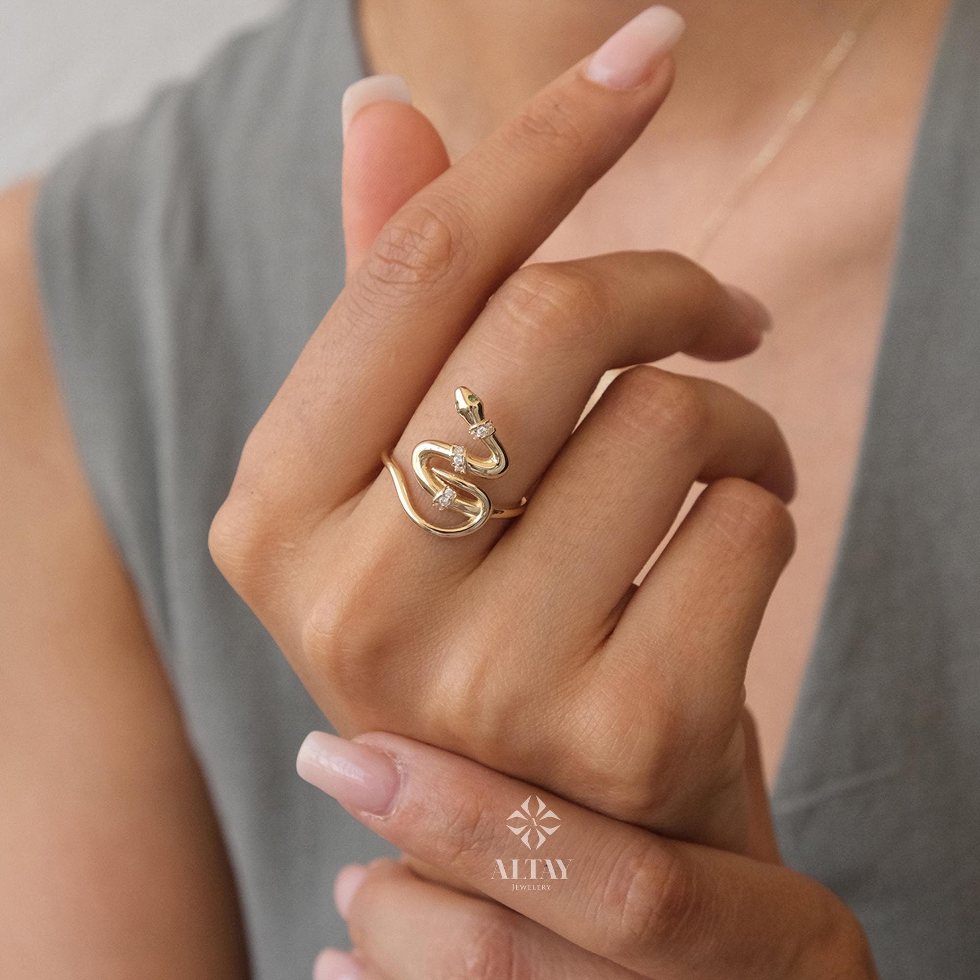 14K Gold Snake Ring, Snake Band, Open Serpent Jewelry, Dainty Stacking Animal Rings, CZ Snake Style Band, Open Band Statement Wrap Band Ring