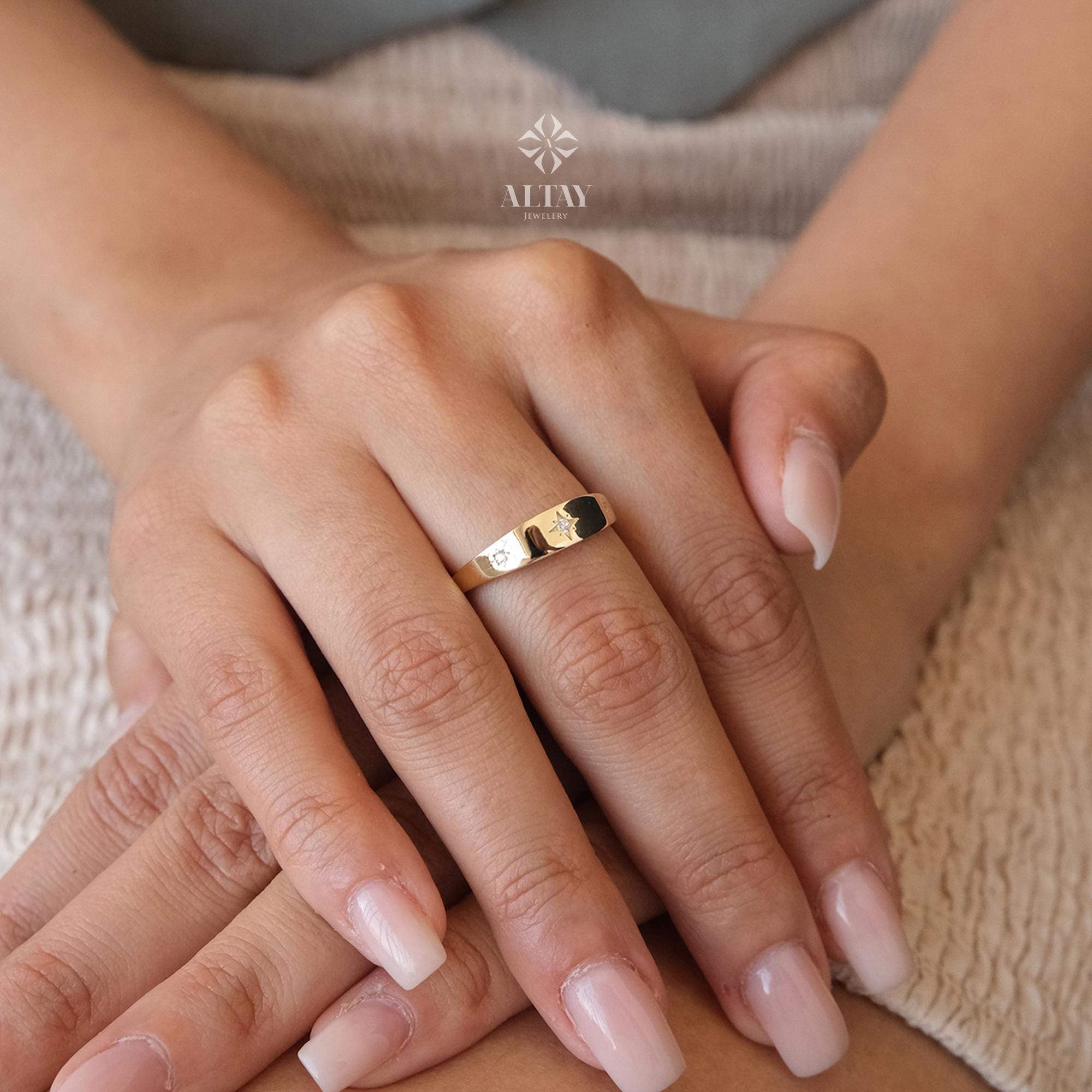 14K Gold North Star Ring, Gold Polar Star Band, Gold Cz Diamond Star Ring, Astrology Starburst Ring, Luck Star Ring, Celestial Pinky Ring