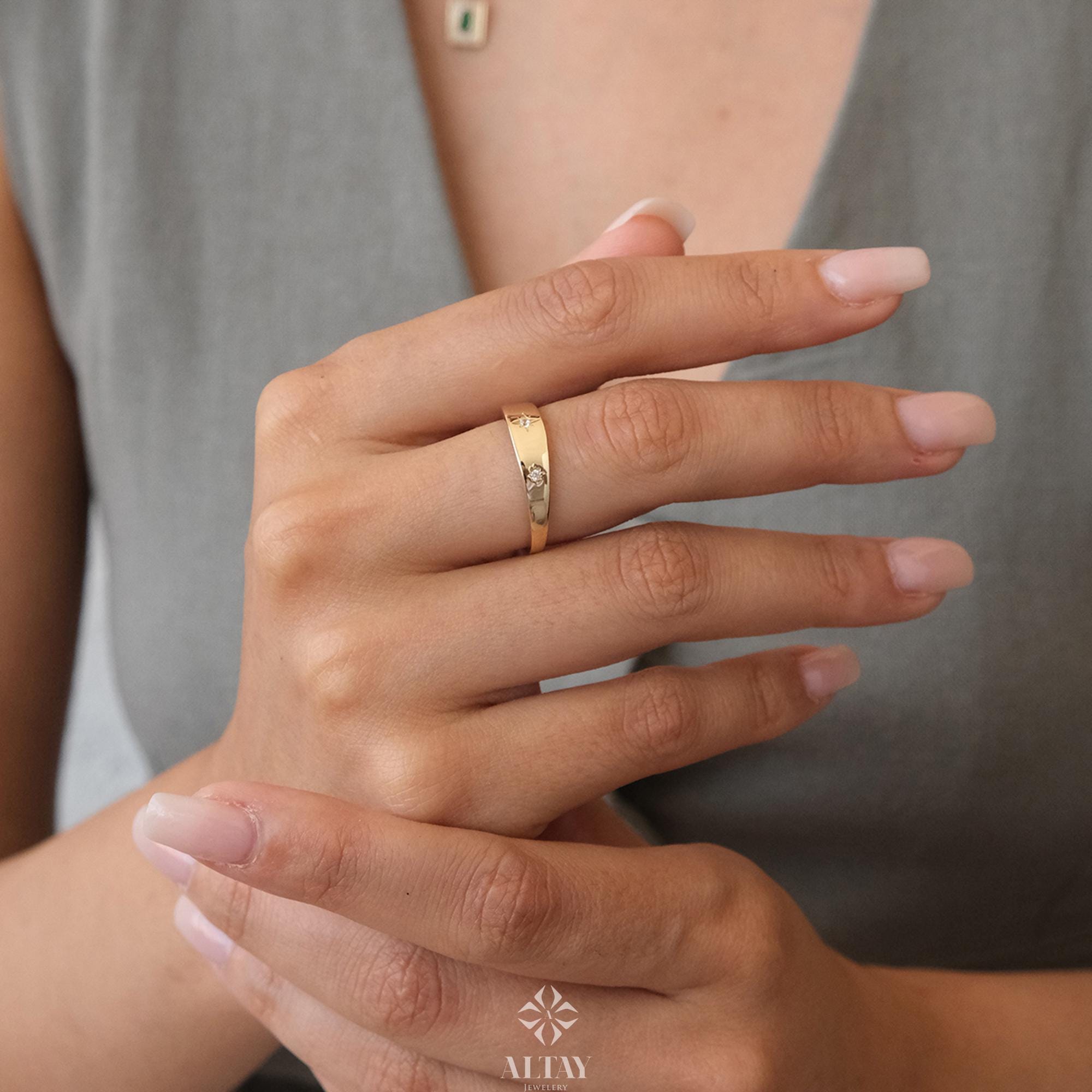 14K Gold North Star Ring, Gold Polar Star Band, Gold Cz Diamond Star Ring, Astrology Starburst Ring, Luck Star Ring, Celestial Pinky Ring