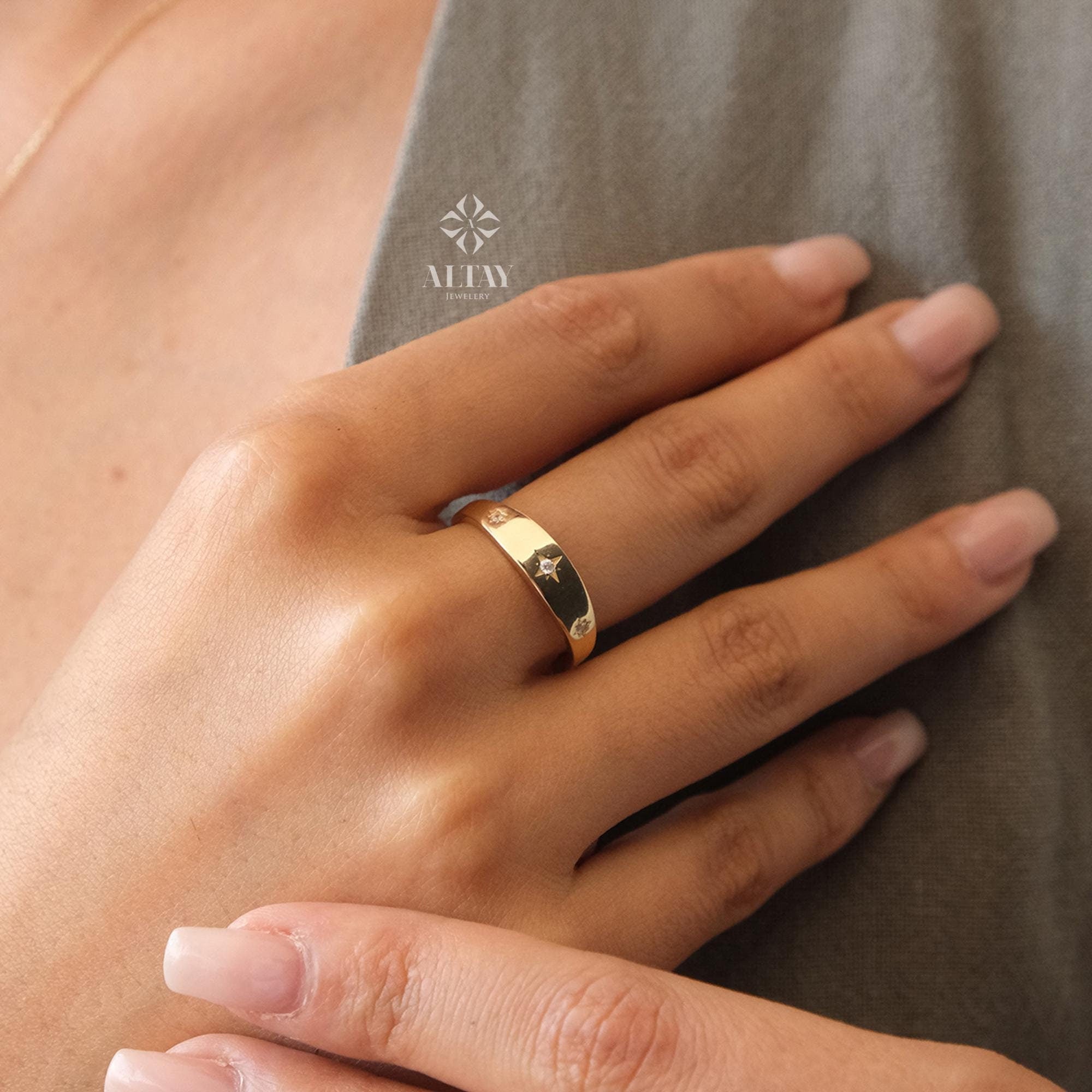 14K Gold North Star Ring, Gold Polar Star Band, Gold Cz Diamond Star Ring, Astrology Starburst Ring, Luck Star Ring, Celestial Pinky Ring
