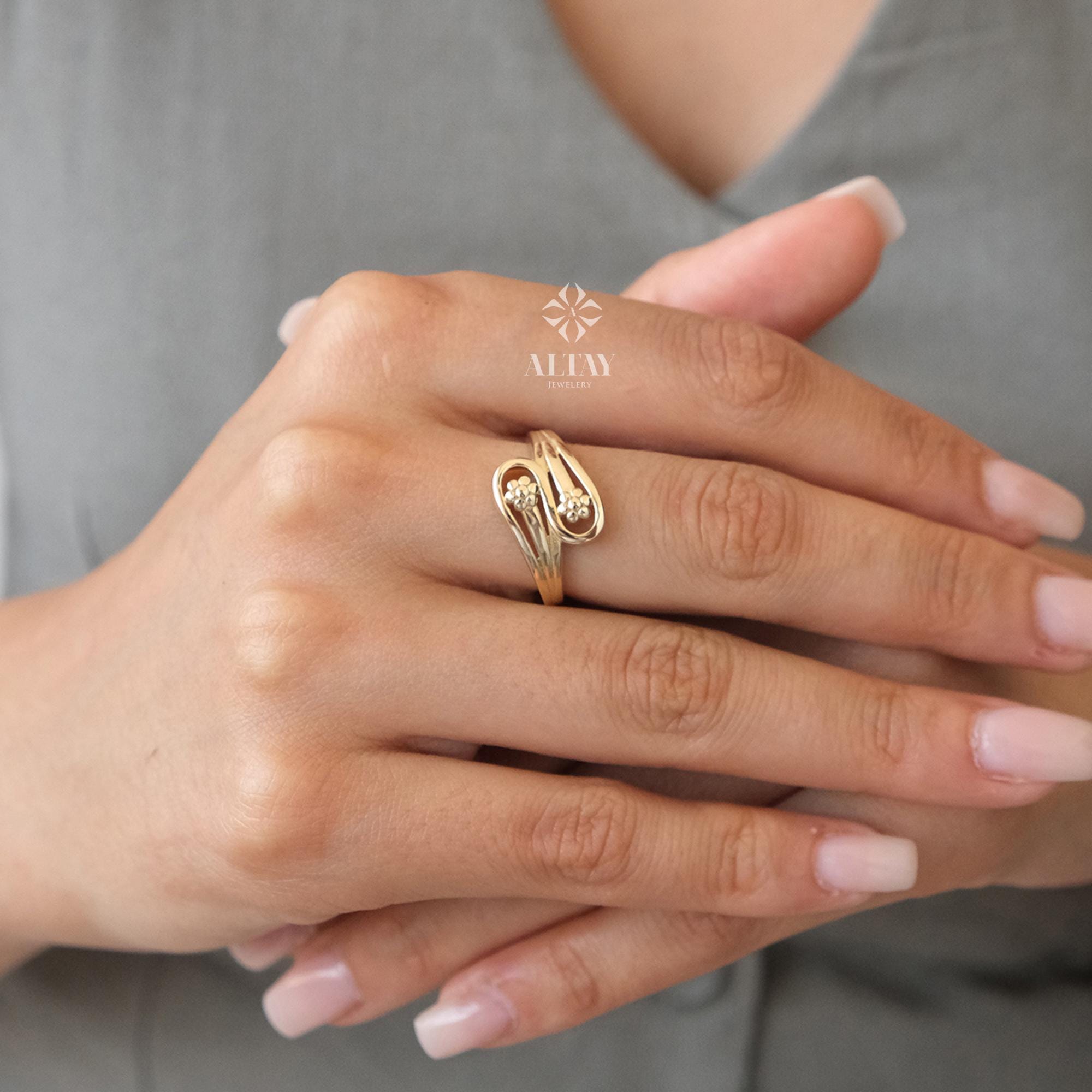 14K Gold Teardrop Ring, Two Band Flower Ring, Sunflower Band, Teardrop Shape Ring, Personalized Engagement Ring, Stackable Gold Ring