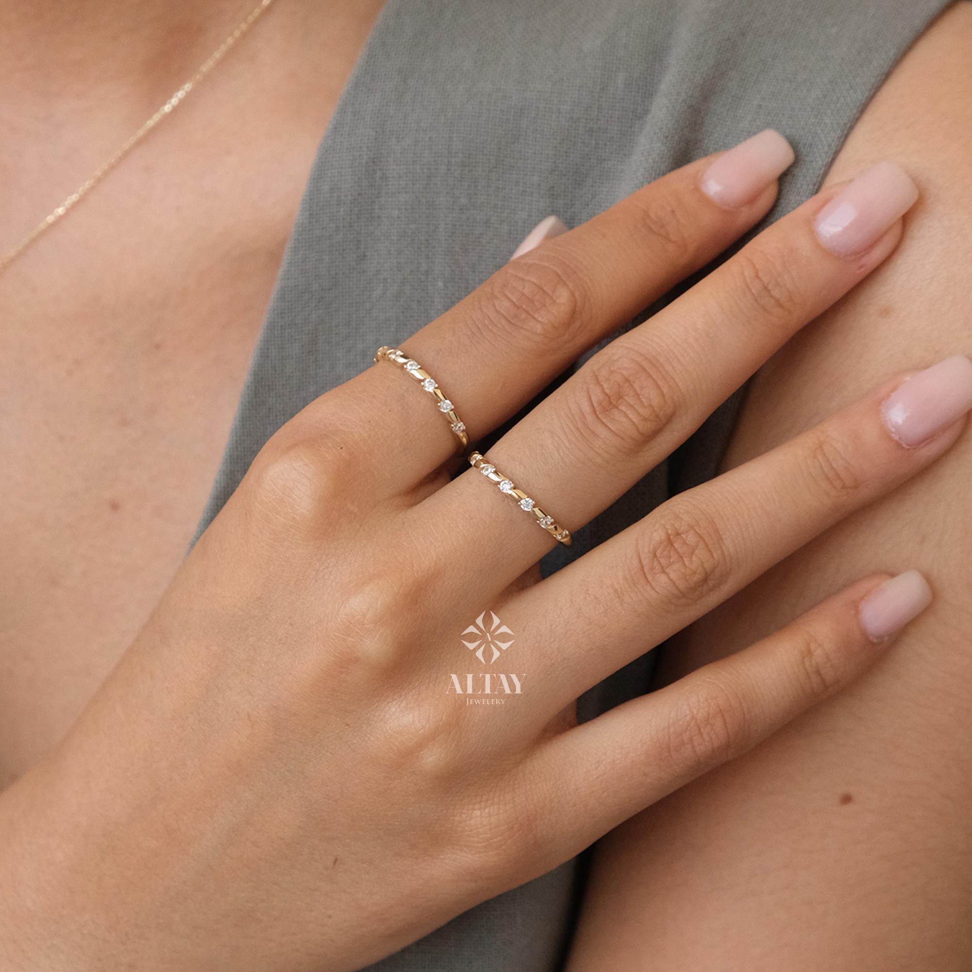 14K Gold Half Eternity Ring, 2mm CZ Diamond Wedding Ring, Round Wedding Ring, Delicate Engagement Band, Stacking Promise Band Ring