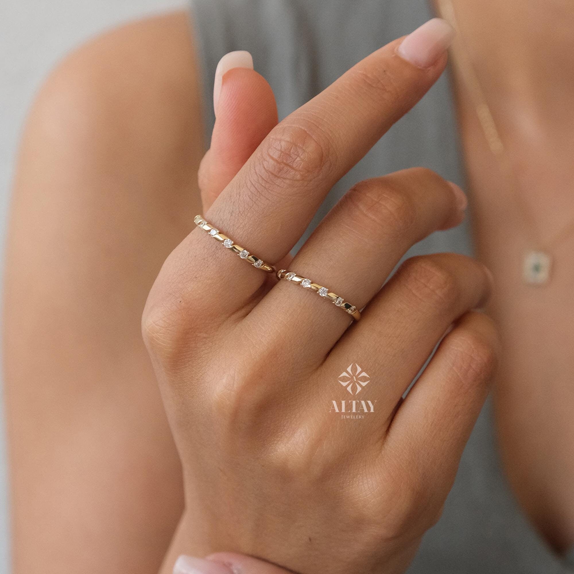 14K Gold Half Eternity Ring, 2mm CZ Diamond Wedding Ring, Round Wedding Ring, Delicate Engagement Band, Stacking Promise Band Ring