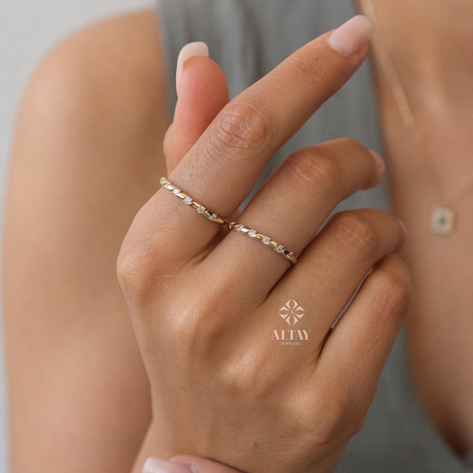 14K Gold Half Eternity Ring, 2mm CZ Diamond Wedding Ring, Round Wedding Ring, Delicate Engagement Band, Stacking Promise Gold Ring