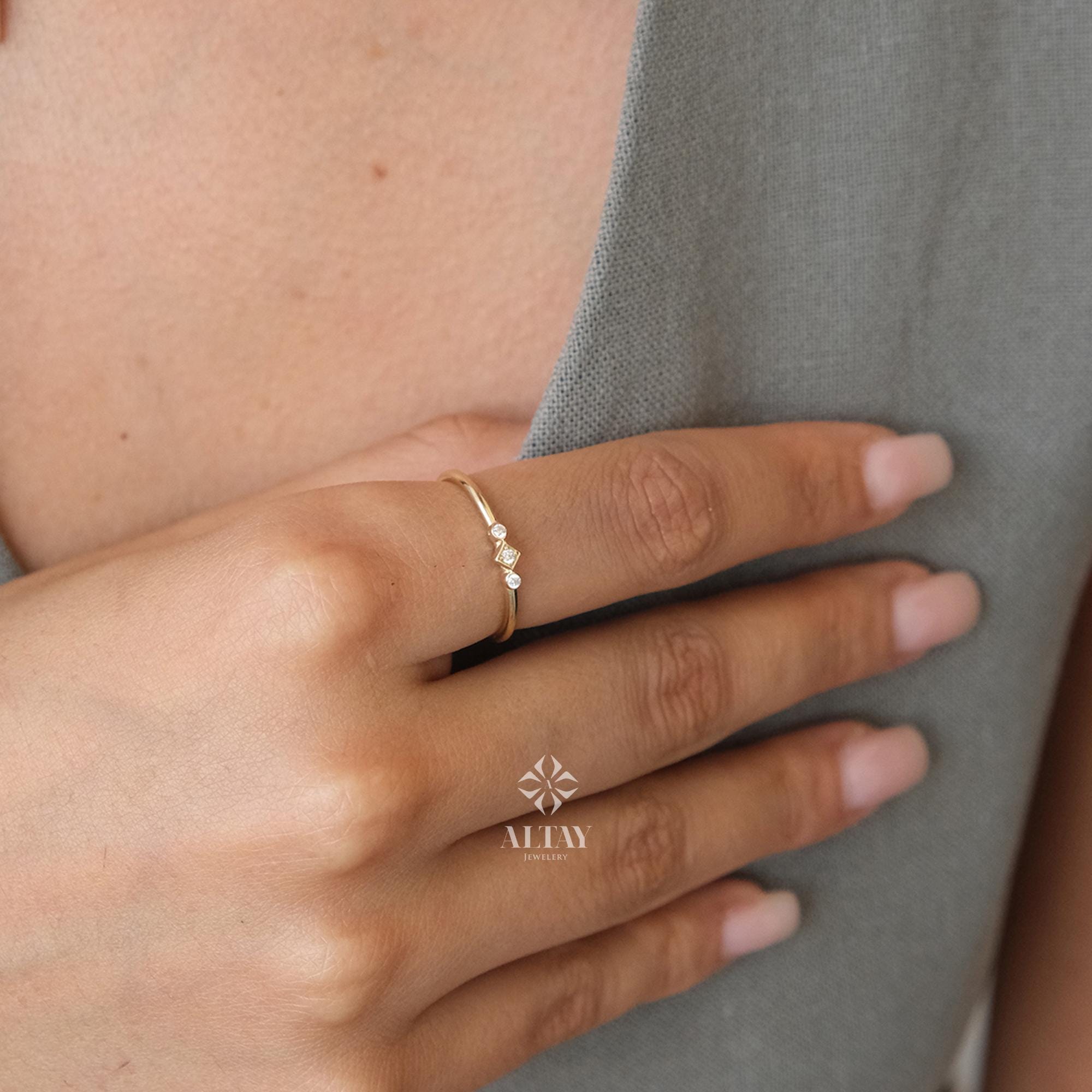 14K Gold 3 Stone CZ Diamond Wedding Ring, Plain Band, Promise Anniversary Ring, Bridal Ring, Three Stone Stacking Ring, Dainty Wedding Ring