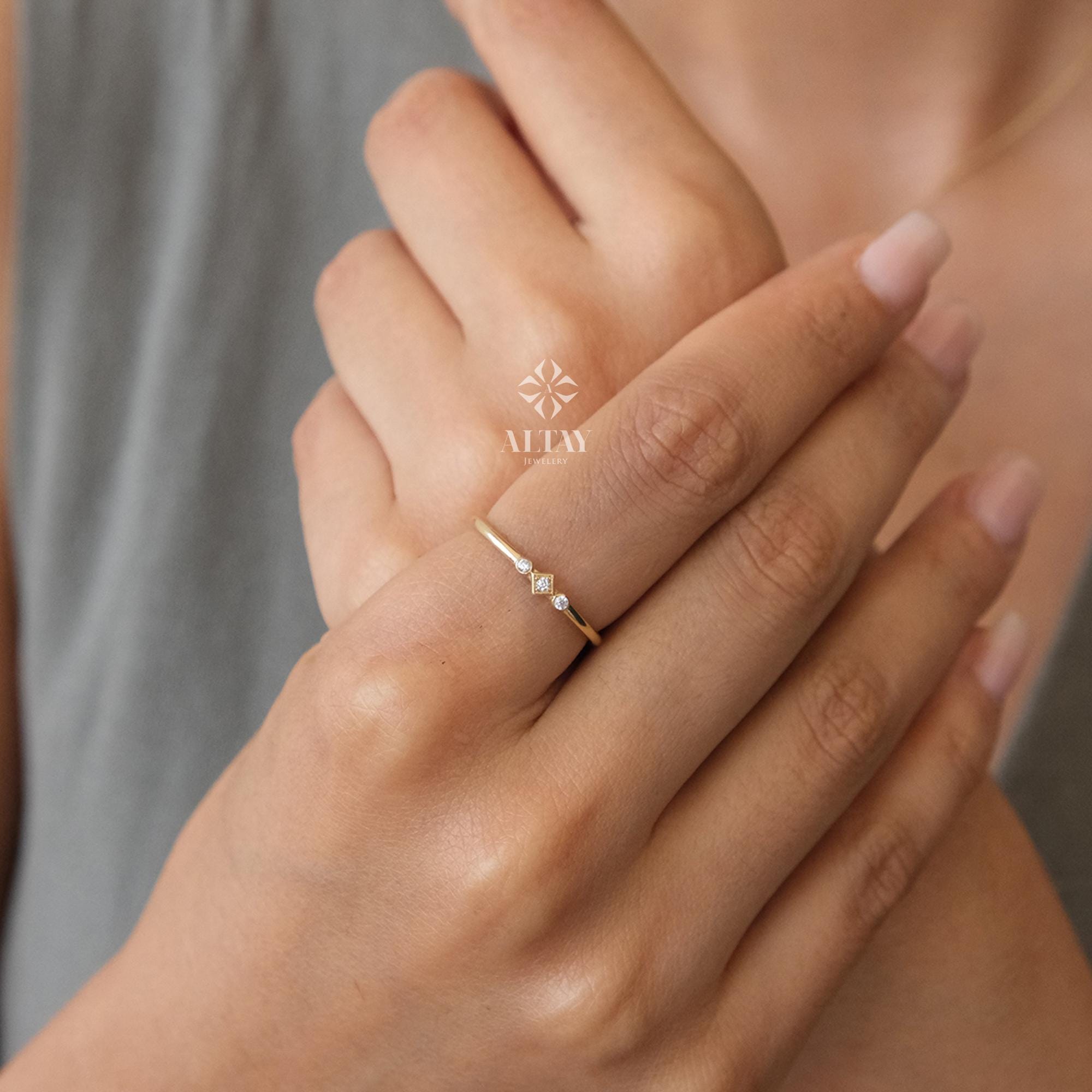 14K Gold 3 Stone CZ Diamond Wedding Ring, Plain Band, Promise Anniversary Ring, Bridal Ring, Three Stone Stacking Ring, Dainty Wedding Ring