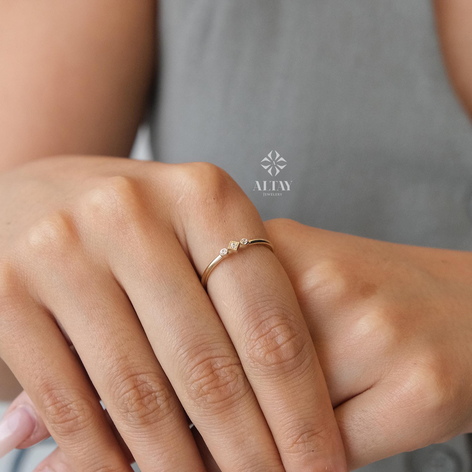 14K Gold 3 Stone CZ Diamond Wedding Ring, Plain Band, Promise Anniversary Ring, Bridal Ring, Three Stone Stacking Ring, Dainty Wedding Ring