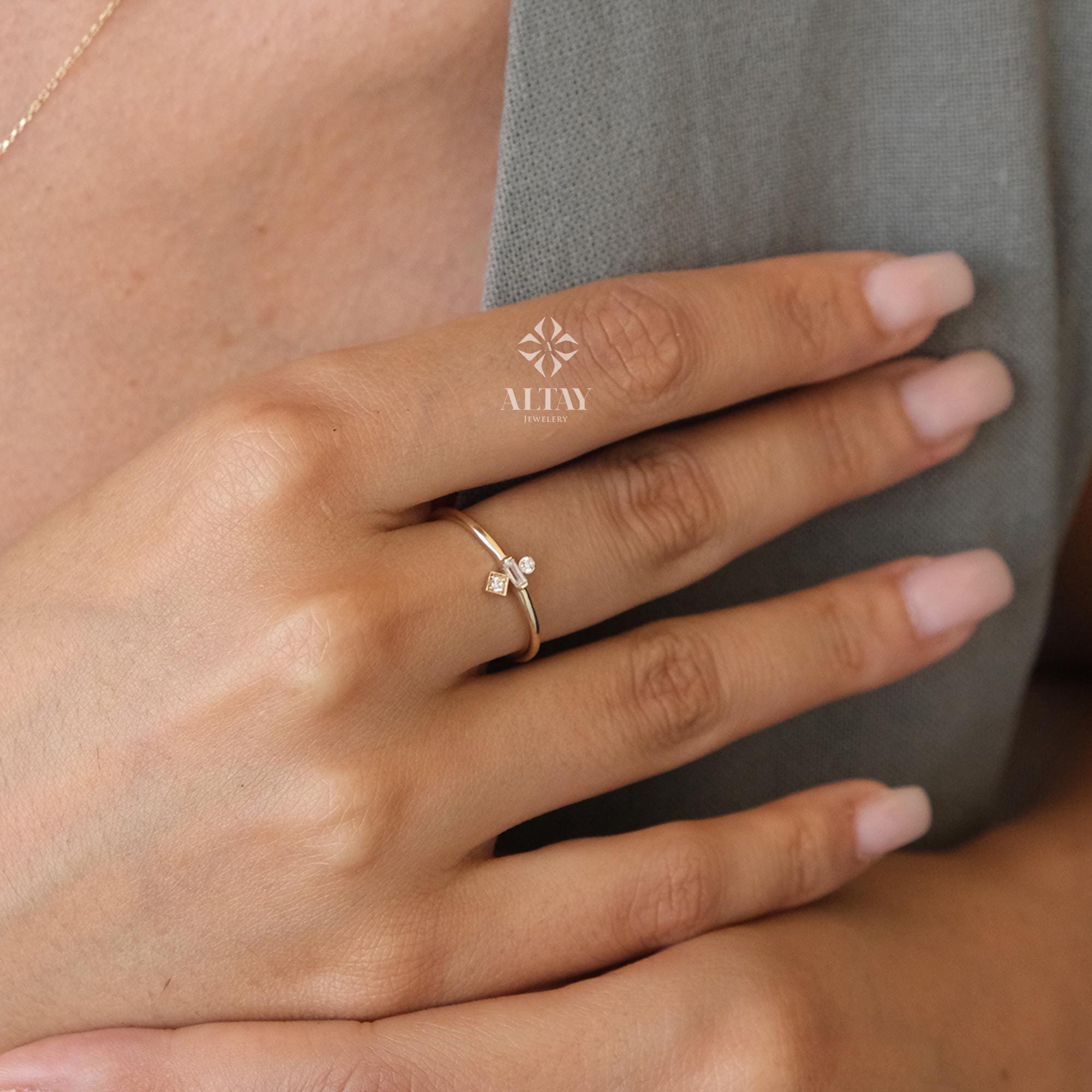14K Gold Trio Ring, 3 Stone Wedding Ring, Stacking Rings for Women, Cz Stackable Ring, Minimalist Bridal Ring, Three Stone Promise Ring