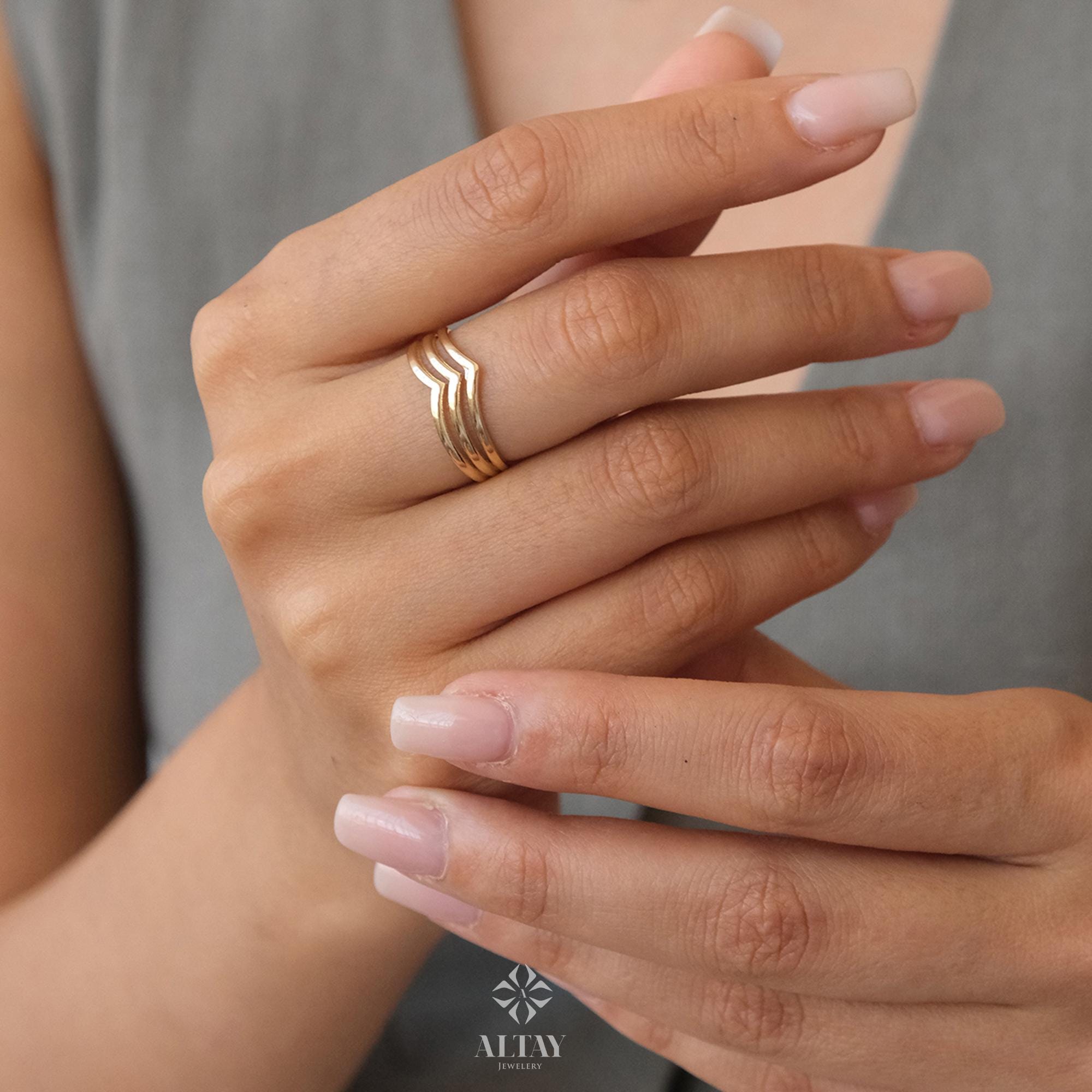 14K Gold Triple Chevron Ring, V Ring, Gold Curved Band, Chevron Stackable Knuckle Ring, Stacking Nesting Band, Minimalist Matching Ring