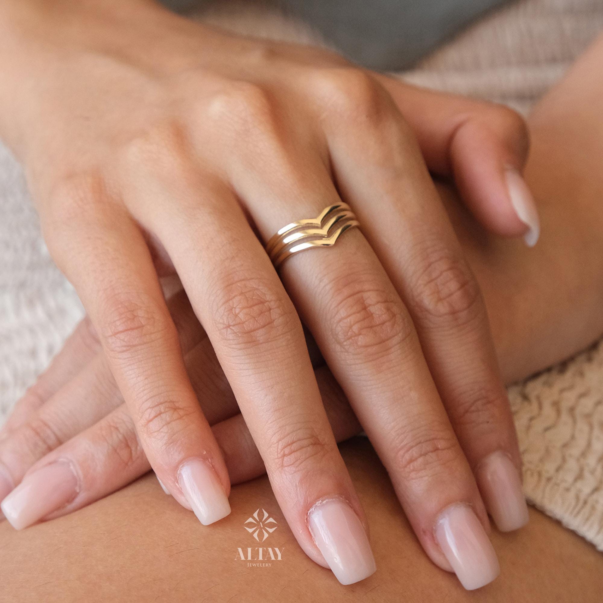 14K Gold Triple Chevron Ring, V Ring, Gold Curved Band, Chevron Stackable Knuckle Ring, Stacking Nesting Band, Minimalist Matching Ring