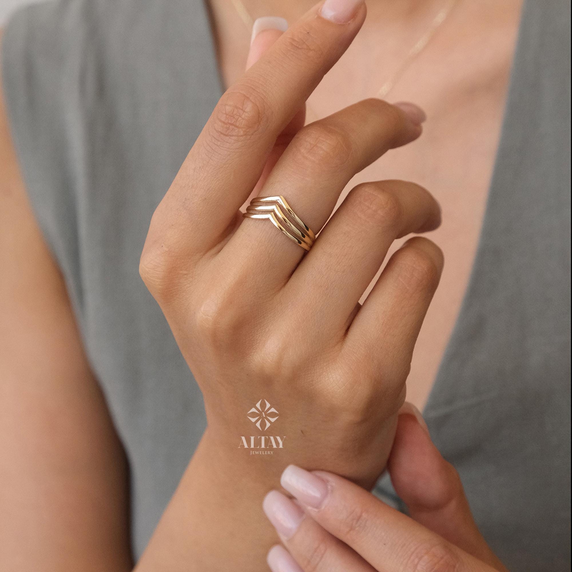 14K Gold Triple Chevron Ring, V Ring, Gold Curved Band, Chevron Stackable Knuckle Ring, Stacking Nesting Band, Minimalist Matching Ring