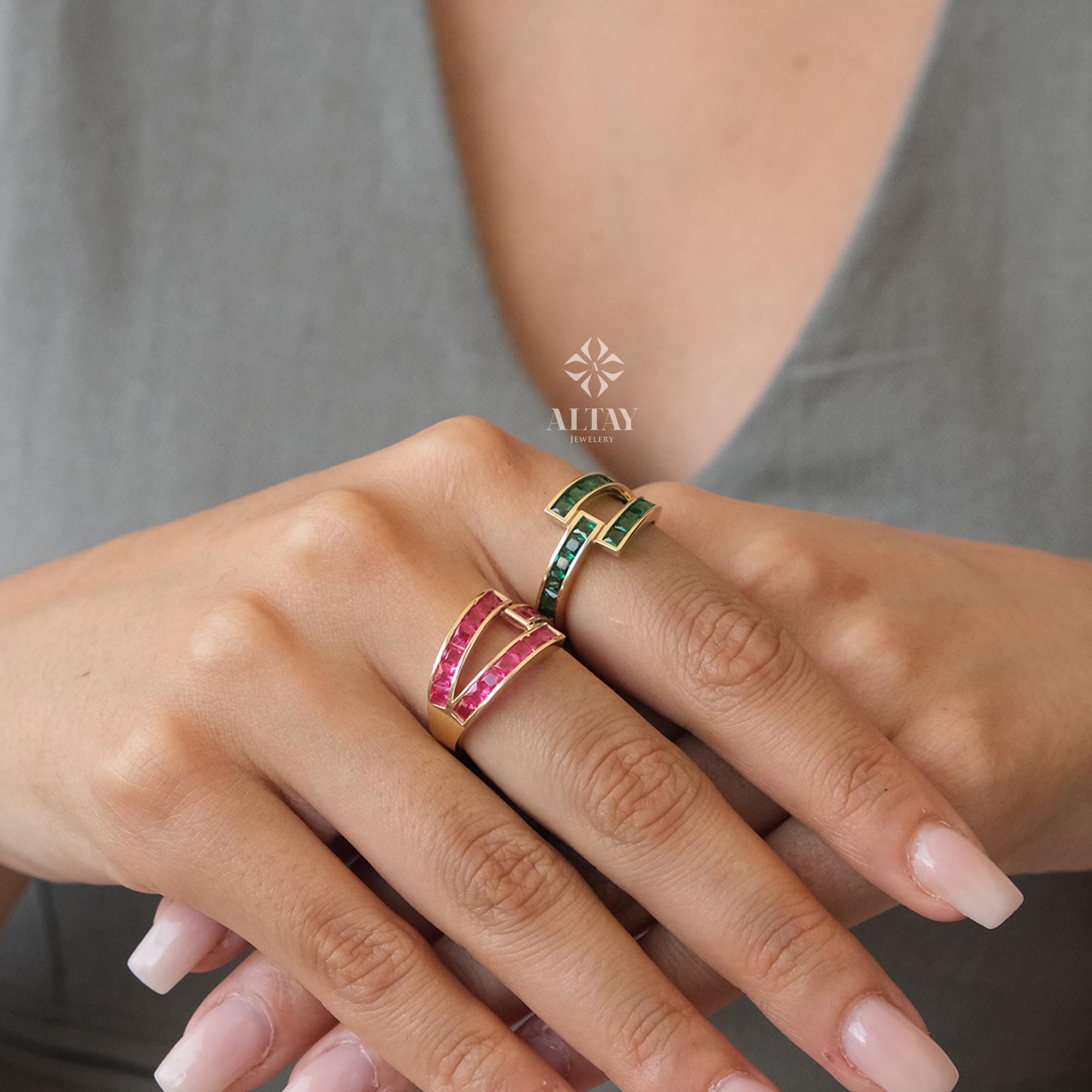 14K Gold Baguette Birthstone Ring, Birthstone Personalized Band Ring, Custom Gemstone Ring, Twisted Knuckle Band, Stacking Promise Ring