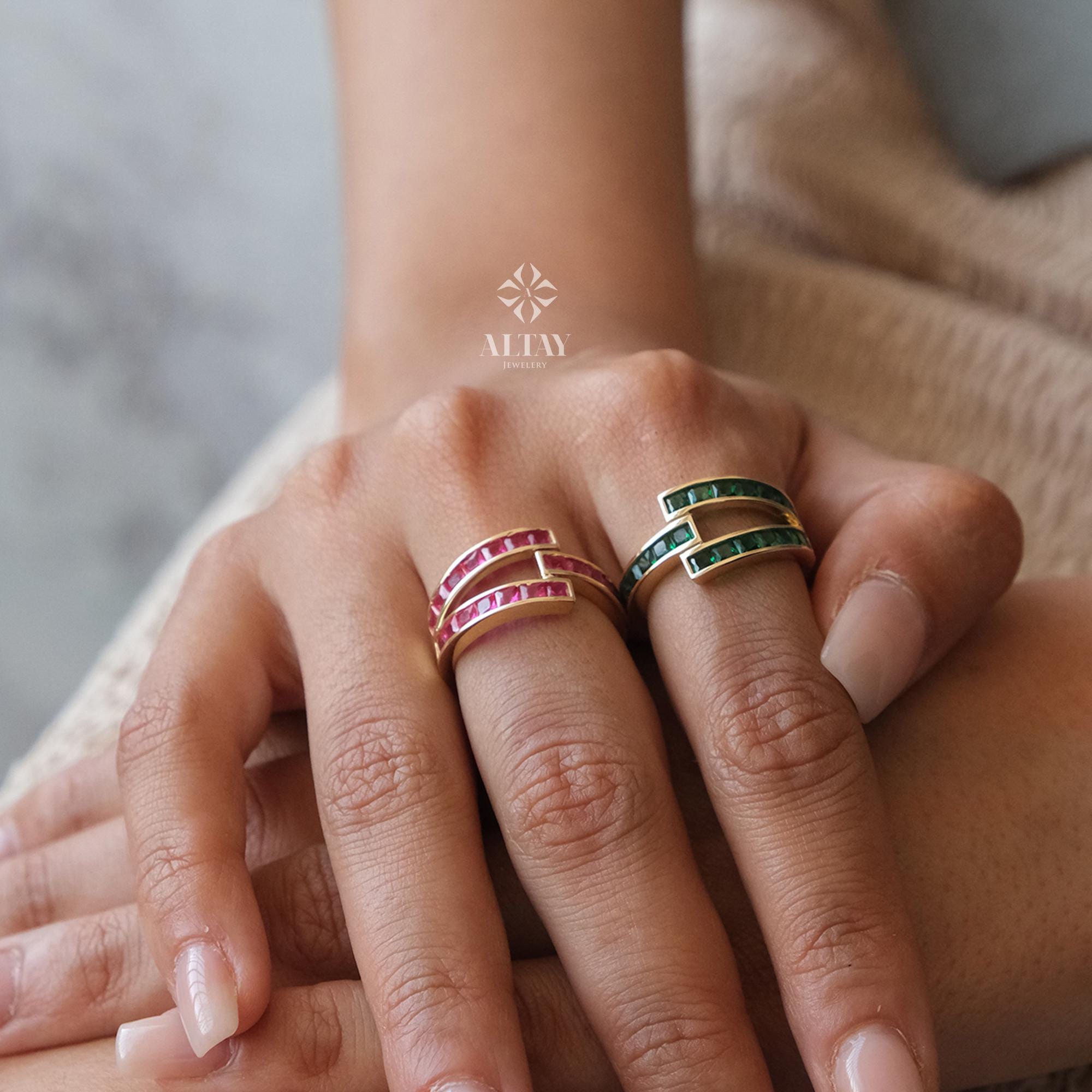 14K Gold Baguette Birthstone Ring, Birthstone Personalized Band Ring, Custom Gemstone Ring, Twisted Knuckle Band, Stacking Wedding Ring
