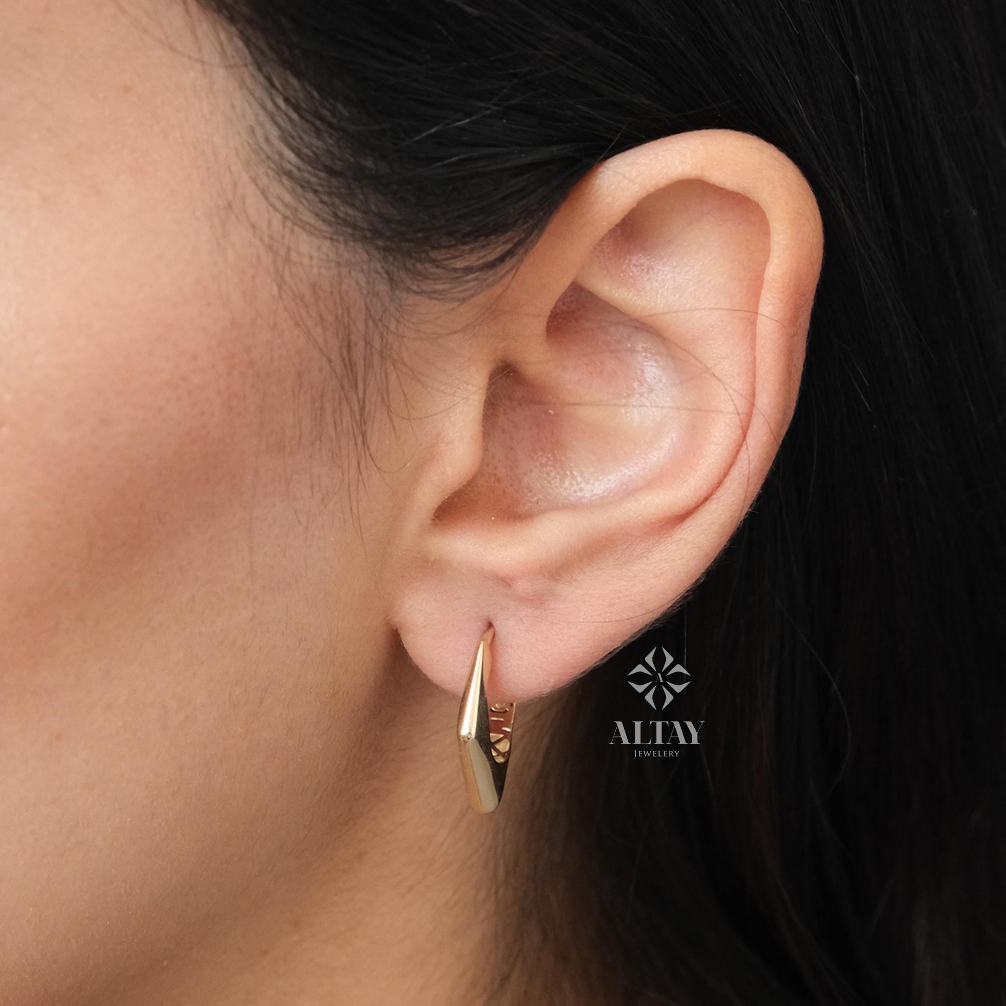 14K Gold Edge Huggie Hoop Earrings, 15mm Hoop Earrings, Geometric Chunky Earrings, Unique Angular Hoop, Edge Dome Huggies, Sparkling Earring