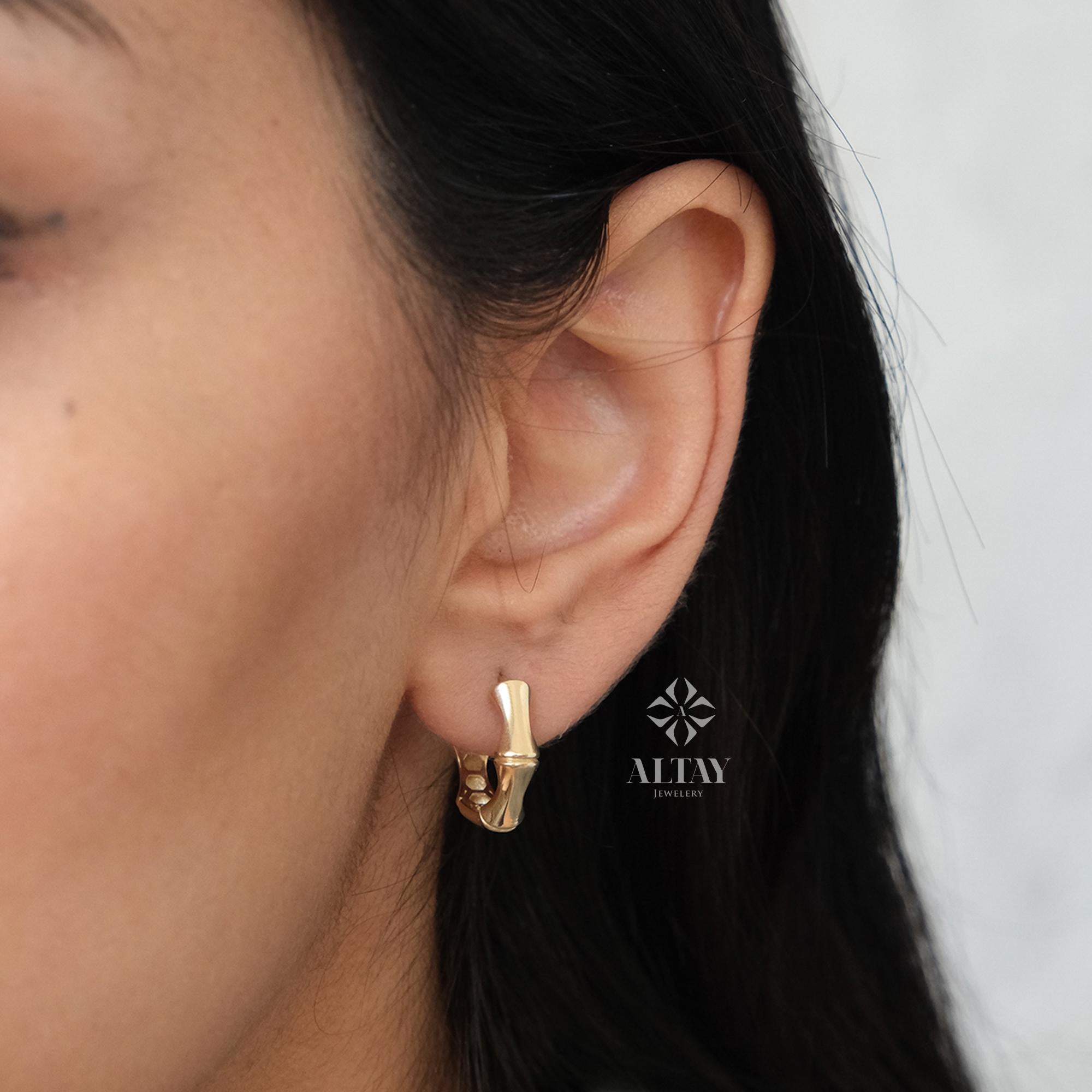 14K Gold Bamboo Earrings, Thick Bamboo Hoop Earrings, Small Hoop Earrings, Huggie Hoop, Modern Hoop, Chunky Gold Hoop, Gift For Wife