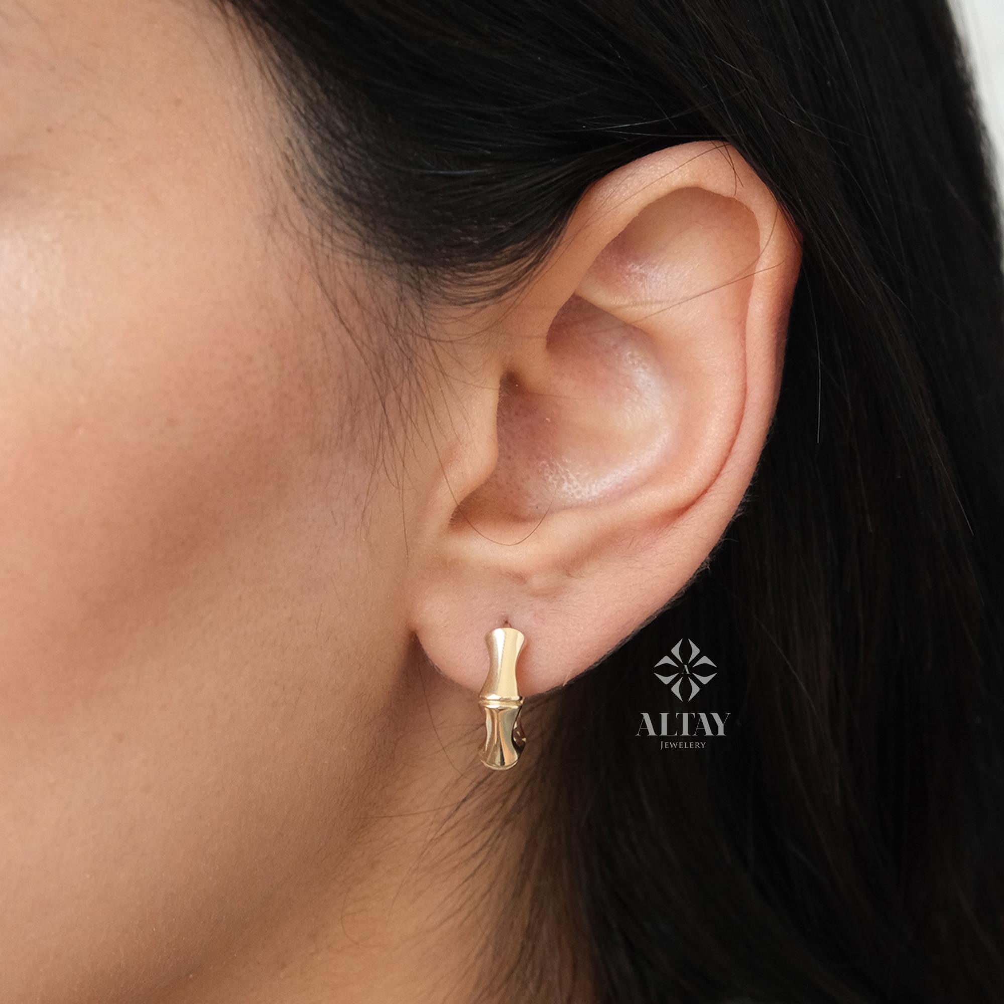 14K Gold Bamboo Earrings, Thick Bamboo Hoop Earrings, Small Hoop Earrings, Huggie Hoop, Modern Hoop, Chunky Gold Hoop, Gift For Wife