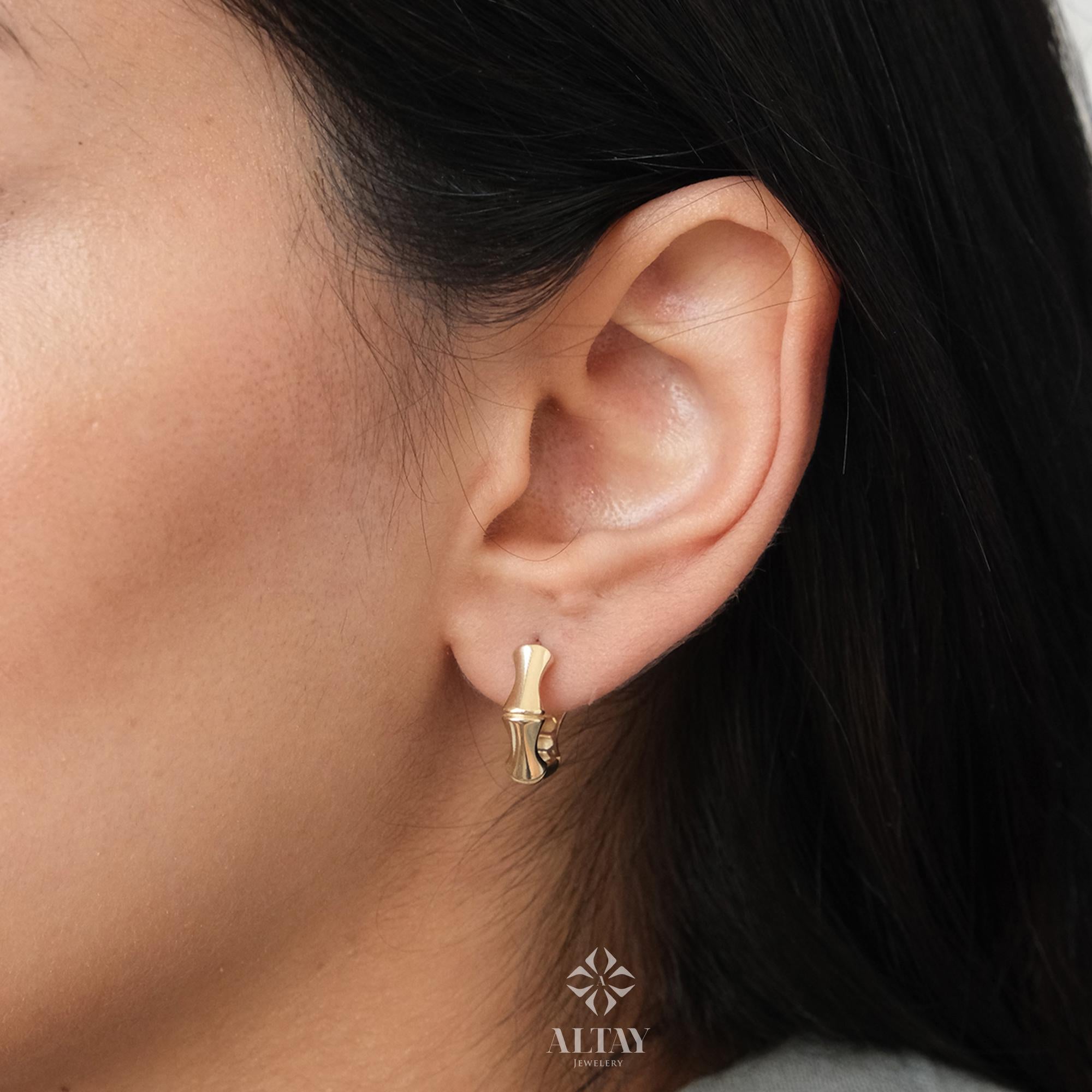 14K Gold Bamboo Earrings, Thick Bamboo Hoop Earrings, Small Hoop Earrings, Huggie Hoop, Modern Hoop, Chunky Gold Hoop, Gift For Wife